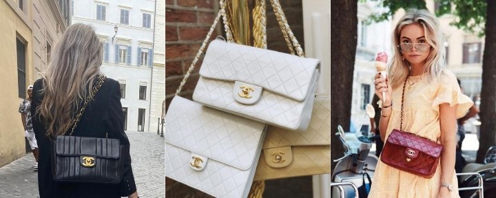 Three photo
s of different styles of the Chanel Classic Flap bag.