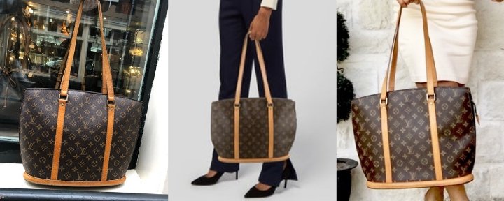 Three photo
s of the Louis Vuitton Babylone Tote in the classic Monogram canvas.