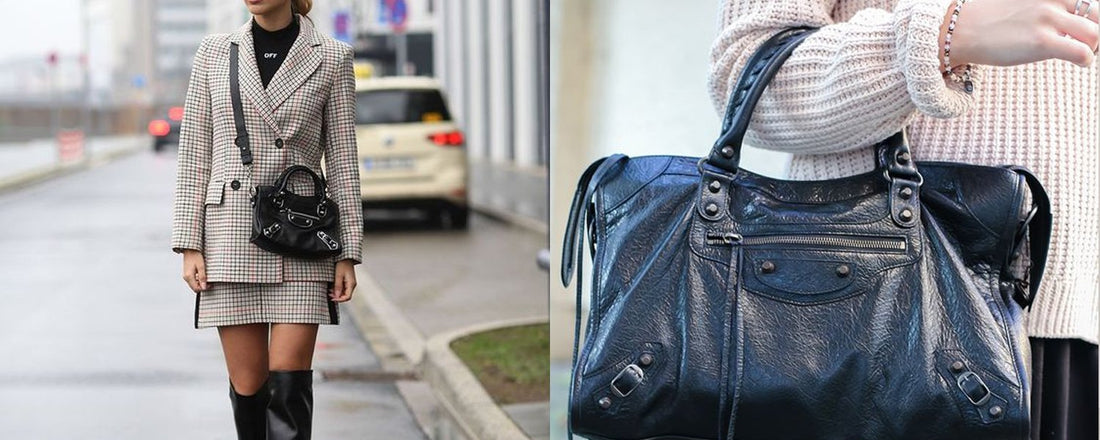 Two photo
s of girls posing with the Balenciaga Classic City bag.