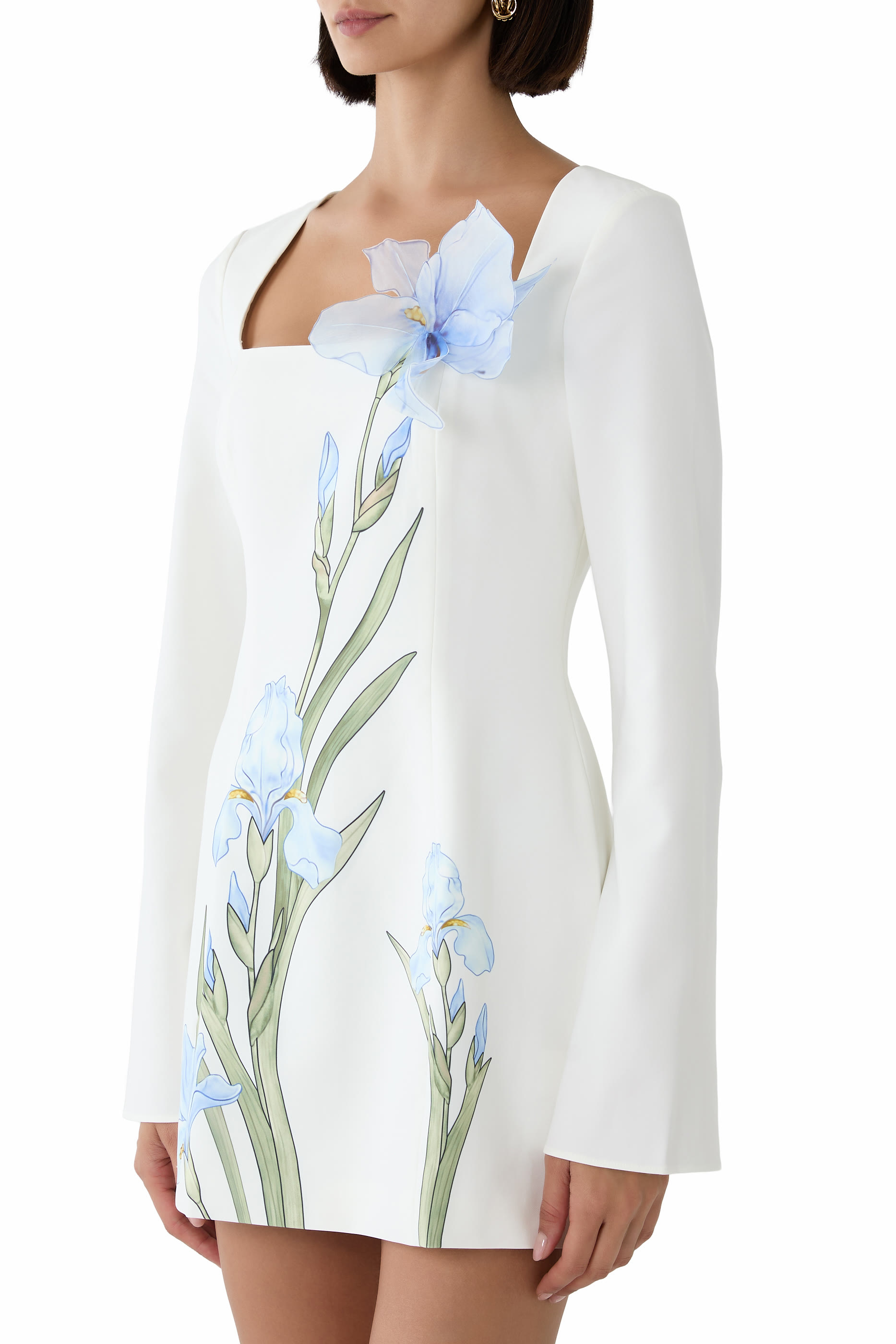 3D Floral Embellished Iris-Print Long Sleeves Mini Dress