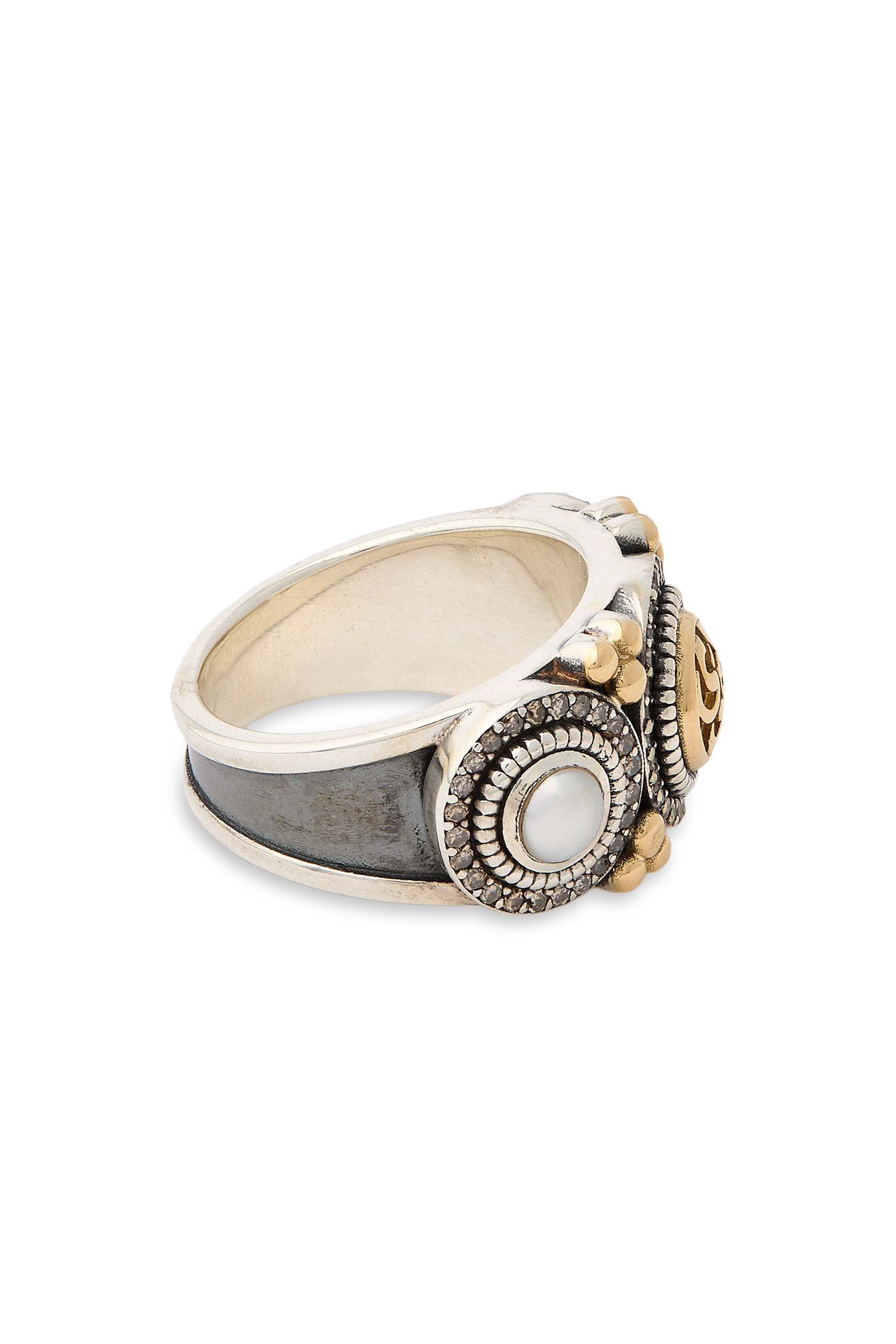 Love Tribal Ring, 18K Gold and Sterling Silver, Champagne Diamonds  Pearls