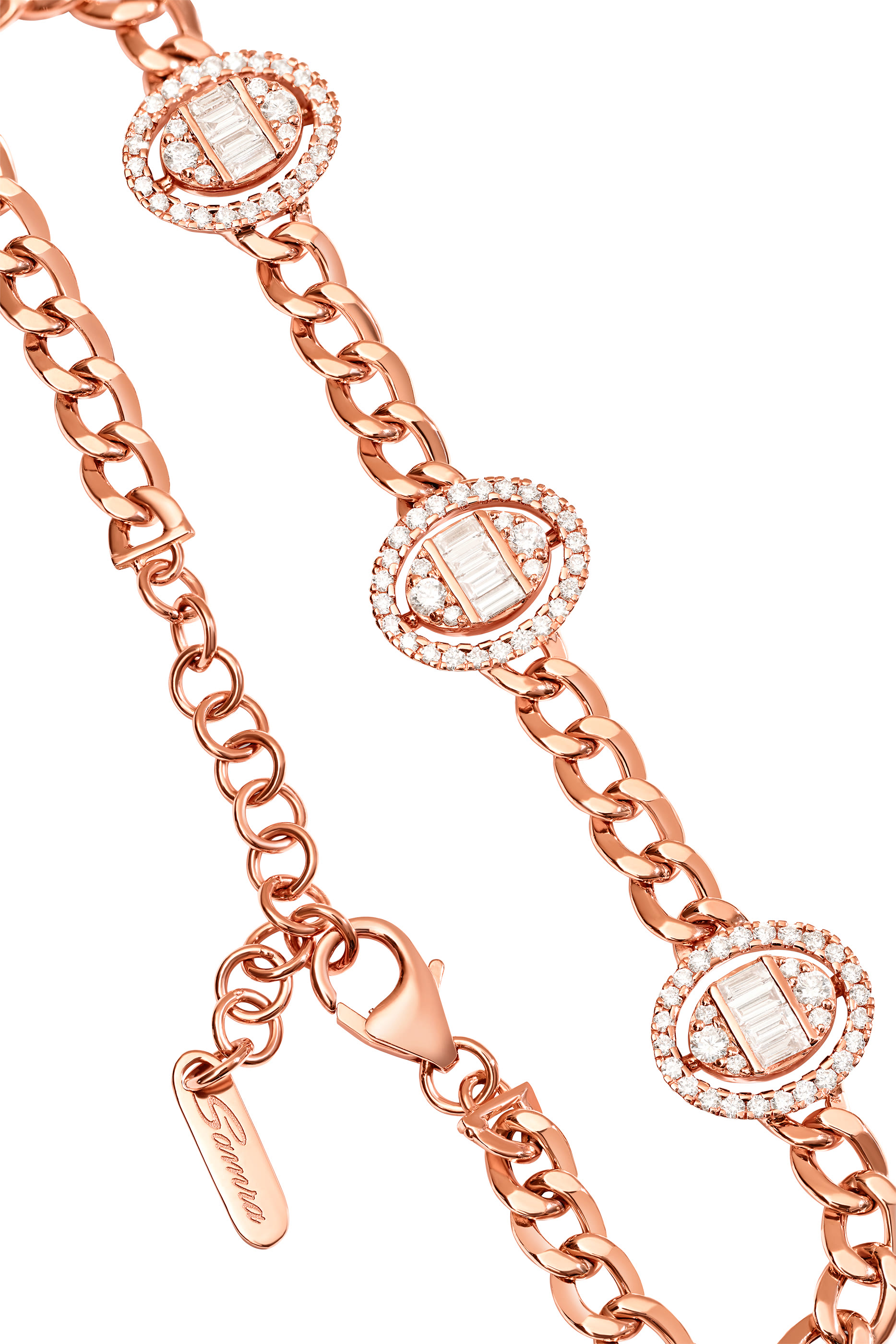 Quwa Three Oval Bracelet,  18K Rose Gold with Baguette  Brilliant Diamonds