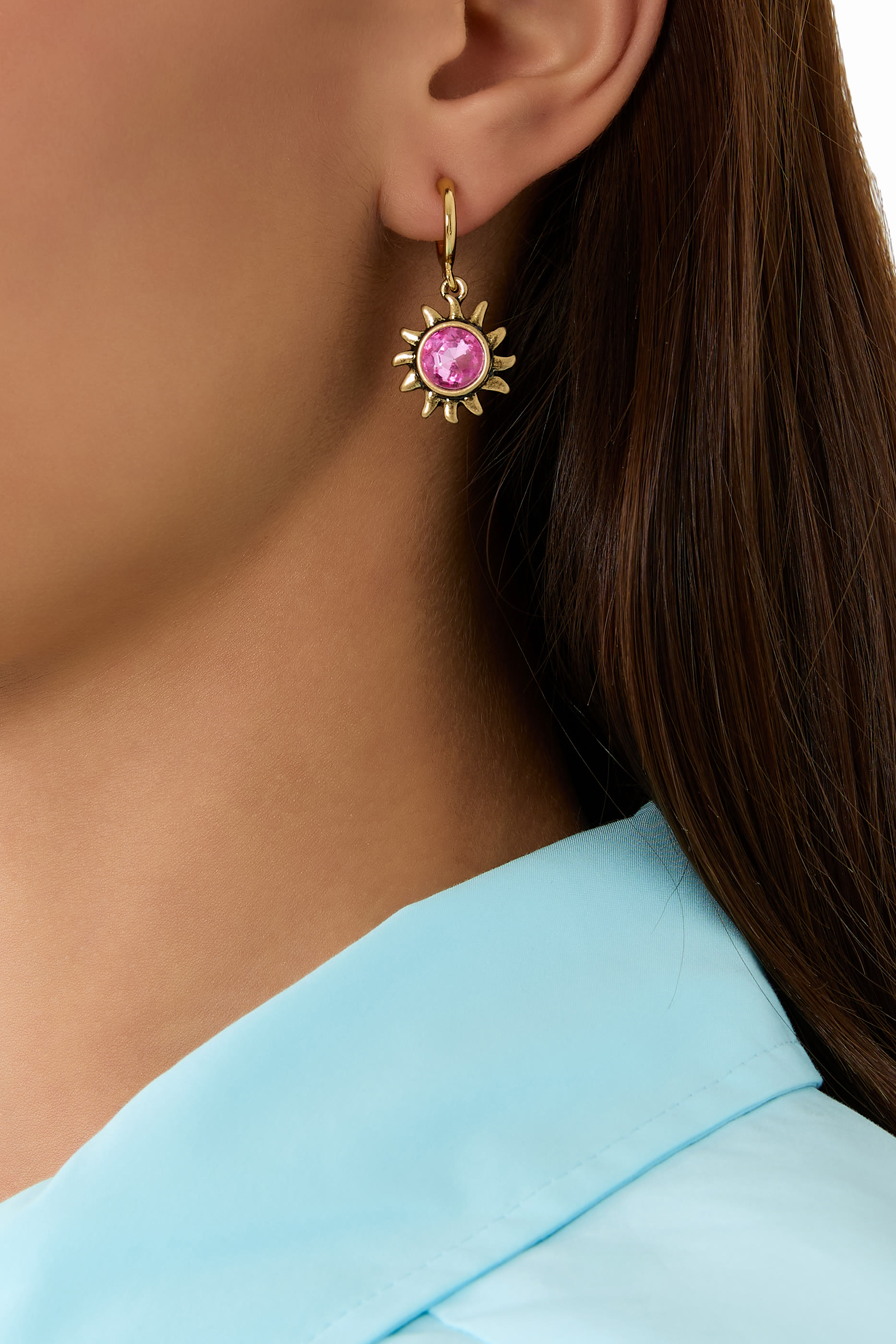Sun Charm Huggies, Brass  Zirconia