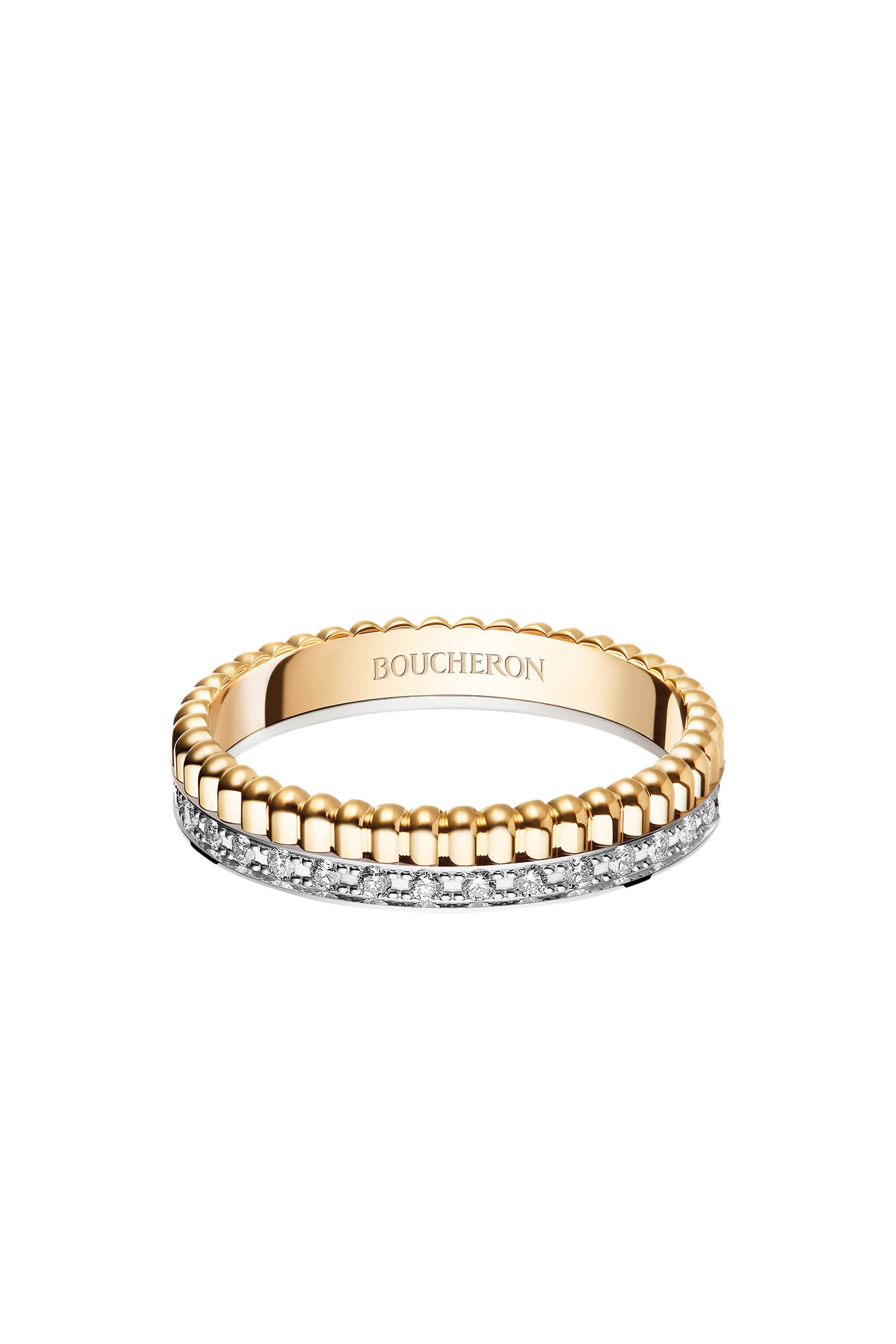 Quatre Radiant Edition Grosgrain Wedding Band, Paved With Diamonds, In Yellow Gold And White Gold