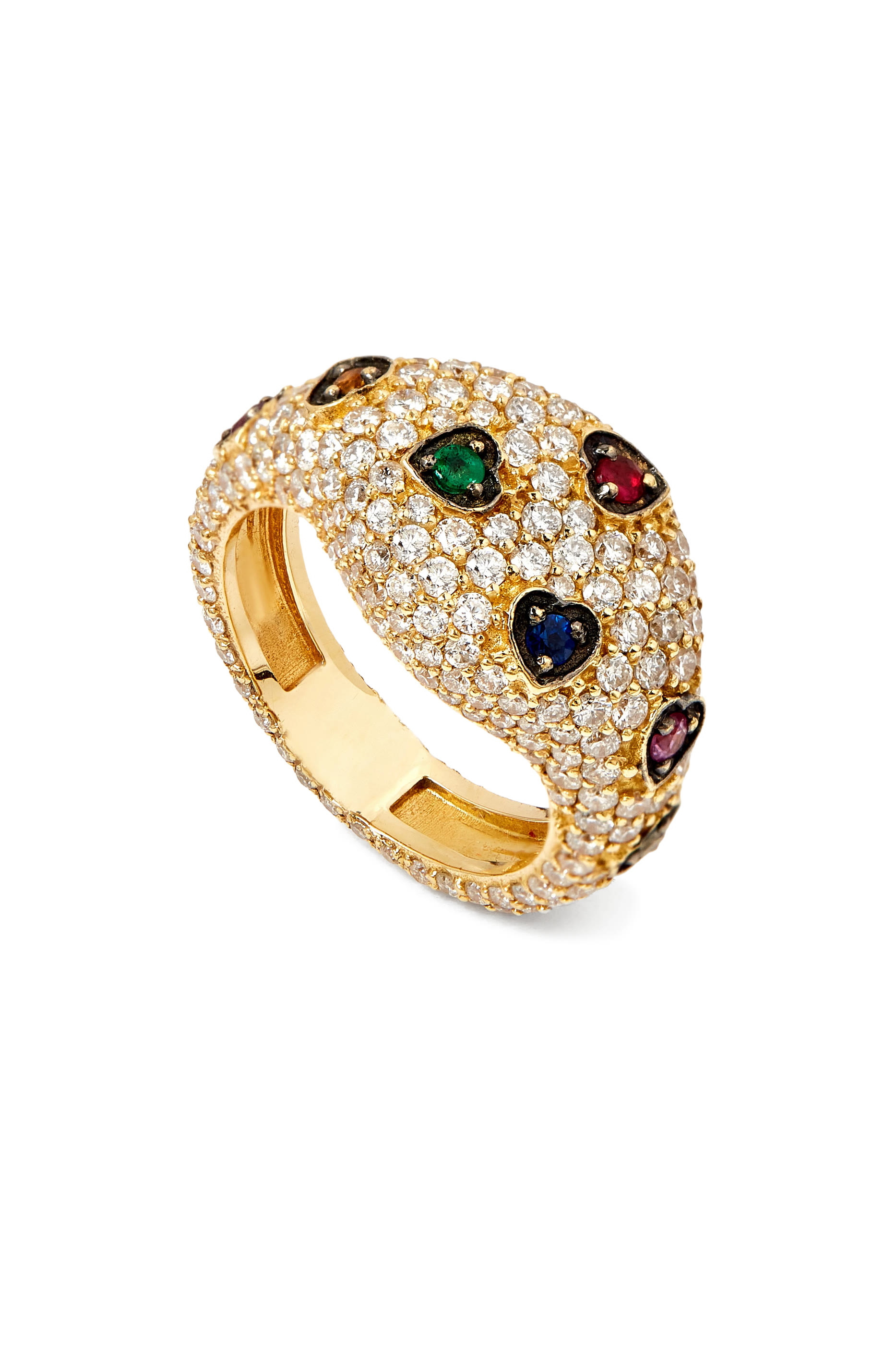  Colored Heart Pinky Ring, 18K Yellow Gold  Diamonds