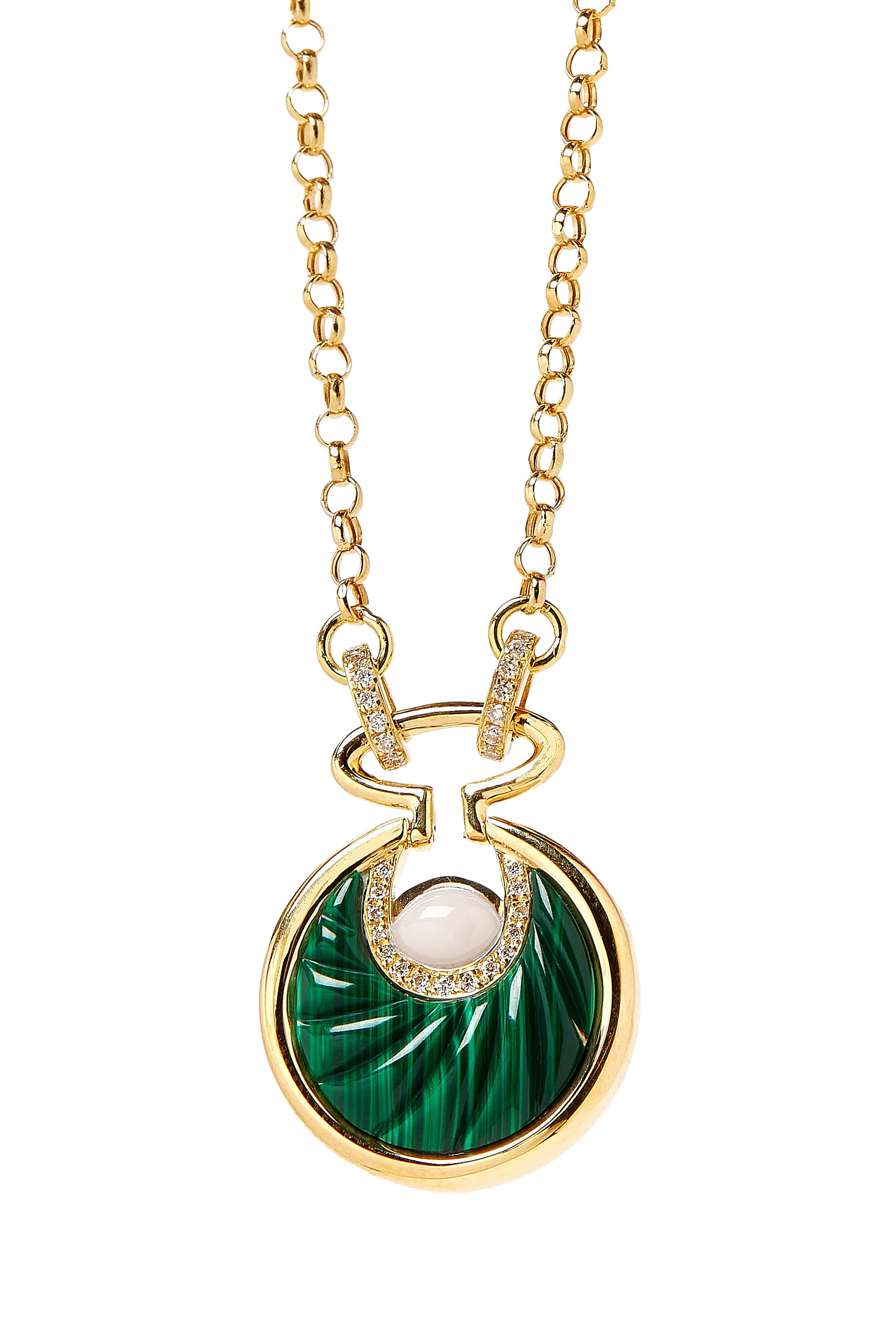 Circus Moon Necklace, 18K Yellow Gold with Diamonds, Mother of Pearl  Malachite