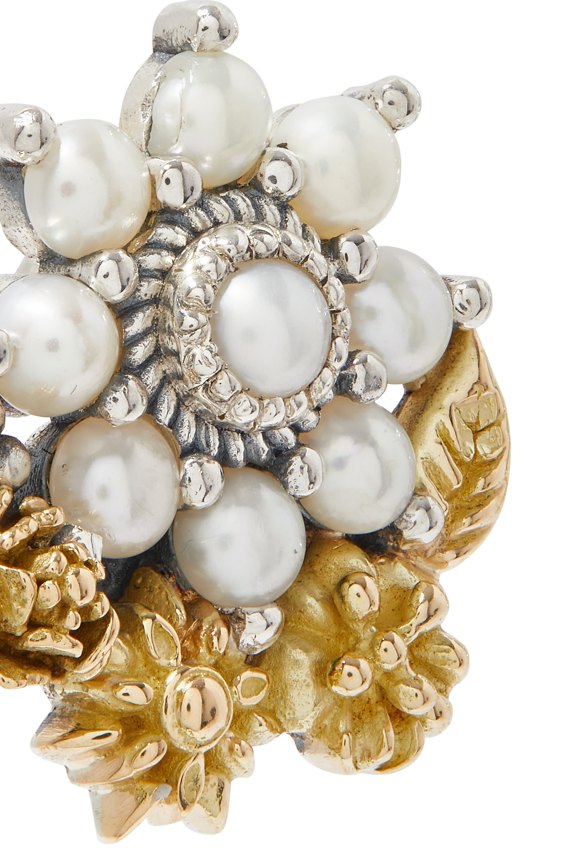 Mismatched Floral Earrings, Sterling Silver, 18K Yellow Gold  Pearl