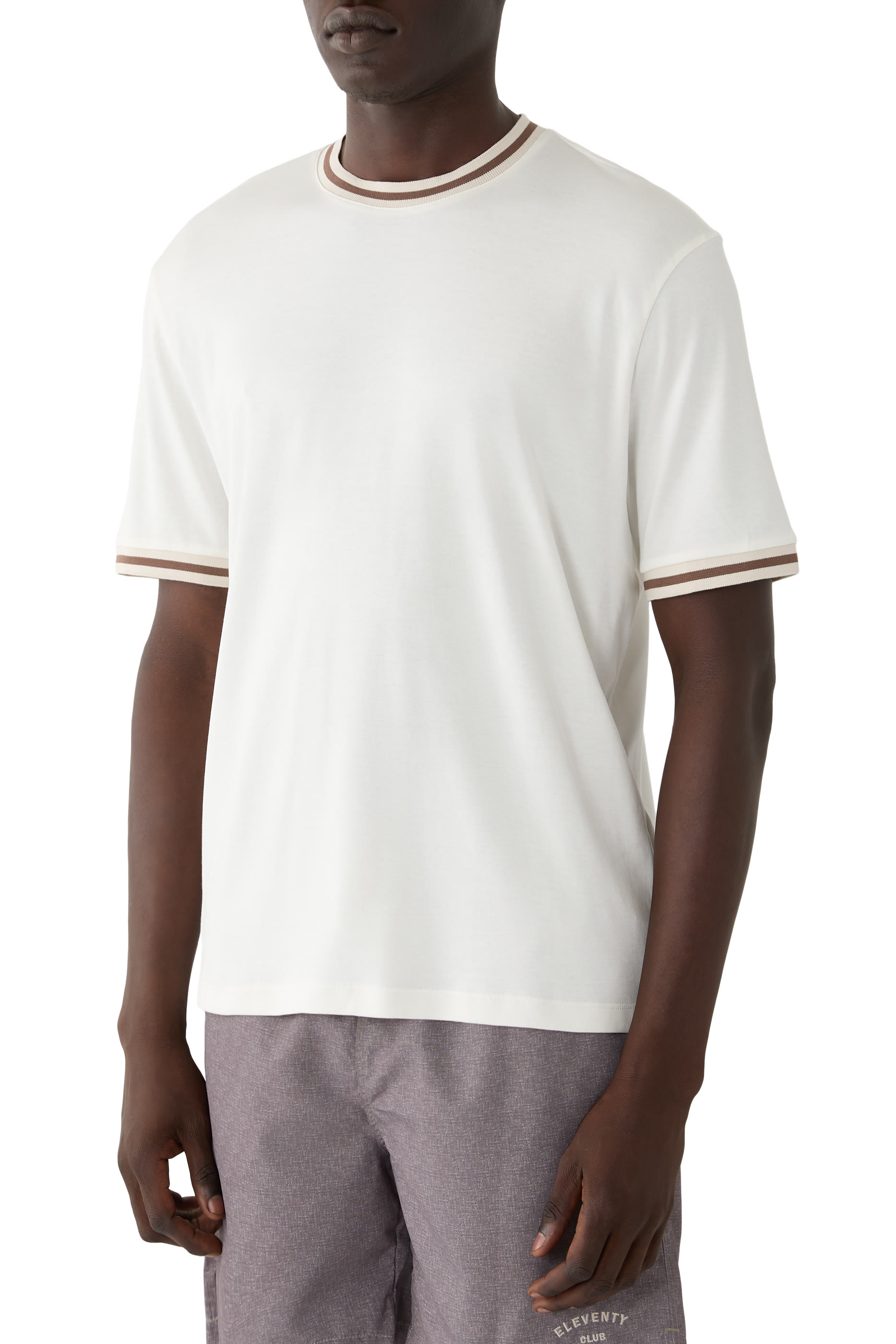 Cotton Crew Neck T-Shirt with Knit Trim 