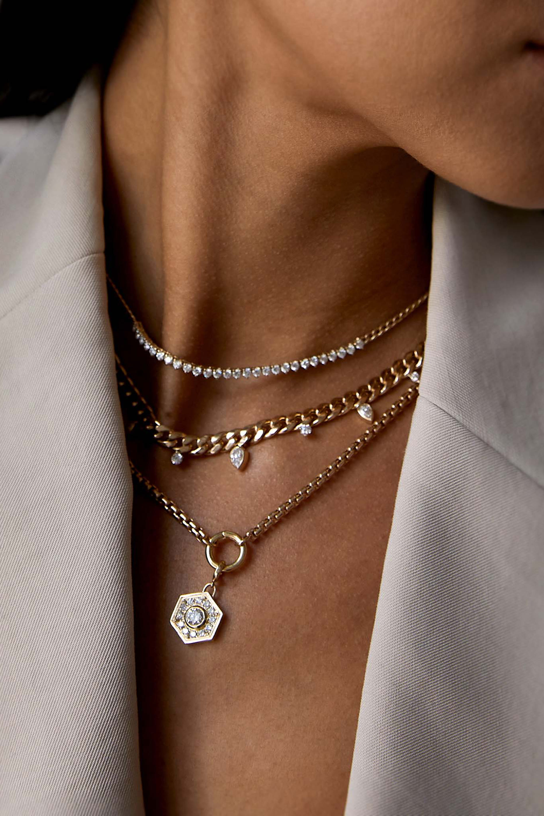  Tennis Segment Small Curb Chain Necklace, 14K Yellow Gold  Diamonds