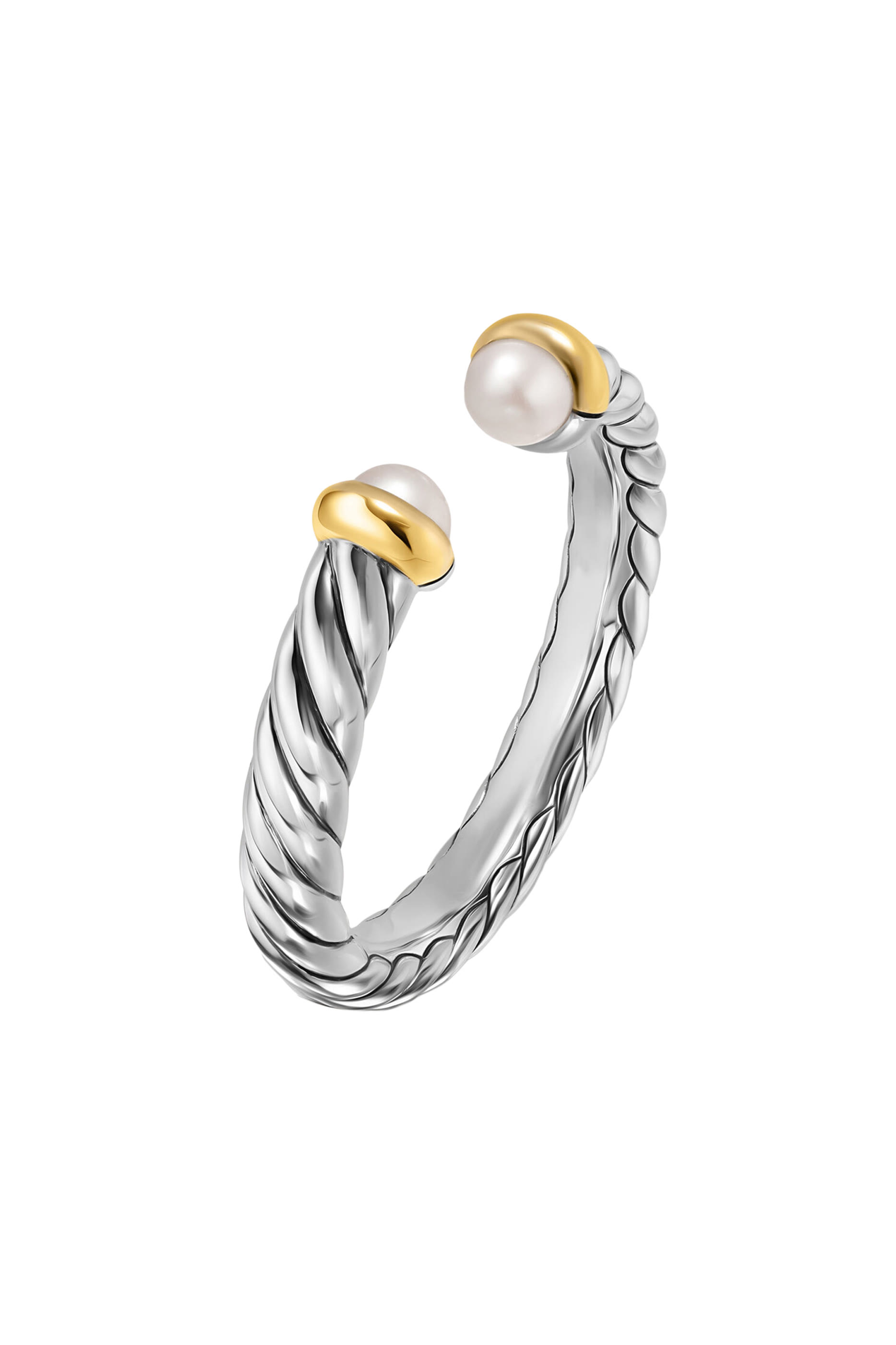 Petite Cable Open Ring, Sterling Silver with 14K Yellow Gold  Pearls