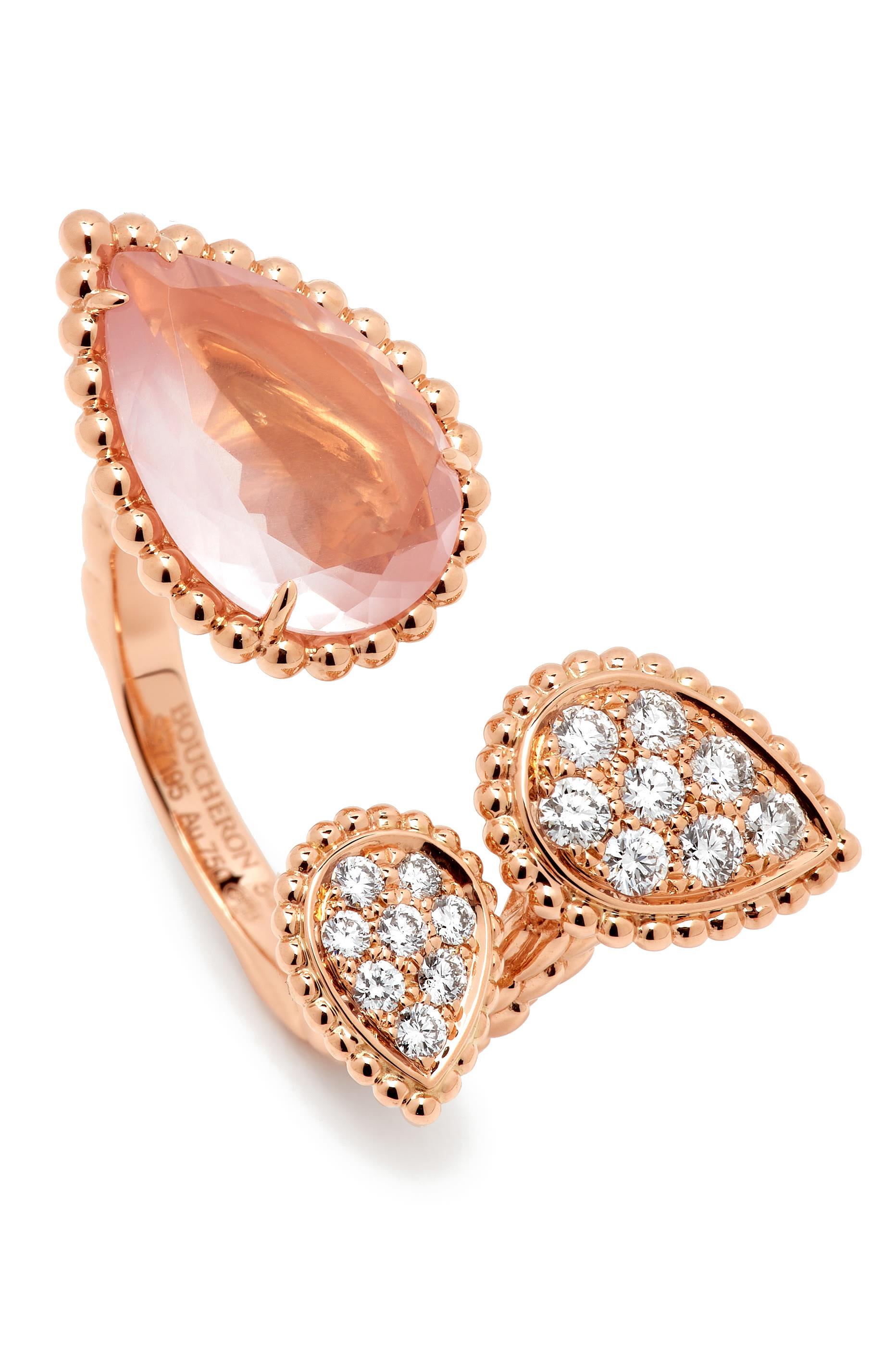Serpent Boh&egrave;me Triple Motif Ring, Set With A Pink Quartz, Paved With Diamonds, 18k Pink Gold