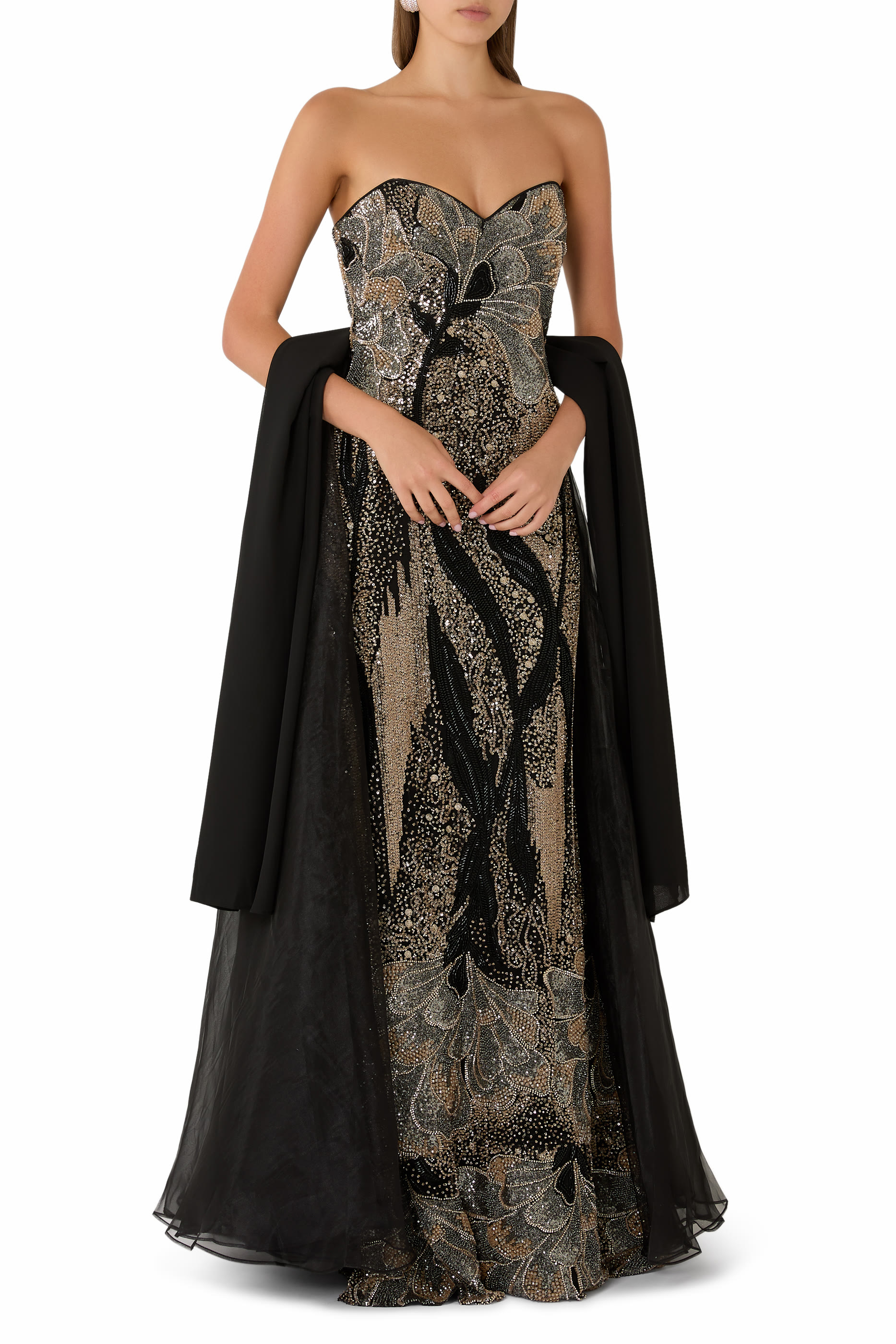Sequin-Embellished Strapless Gown