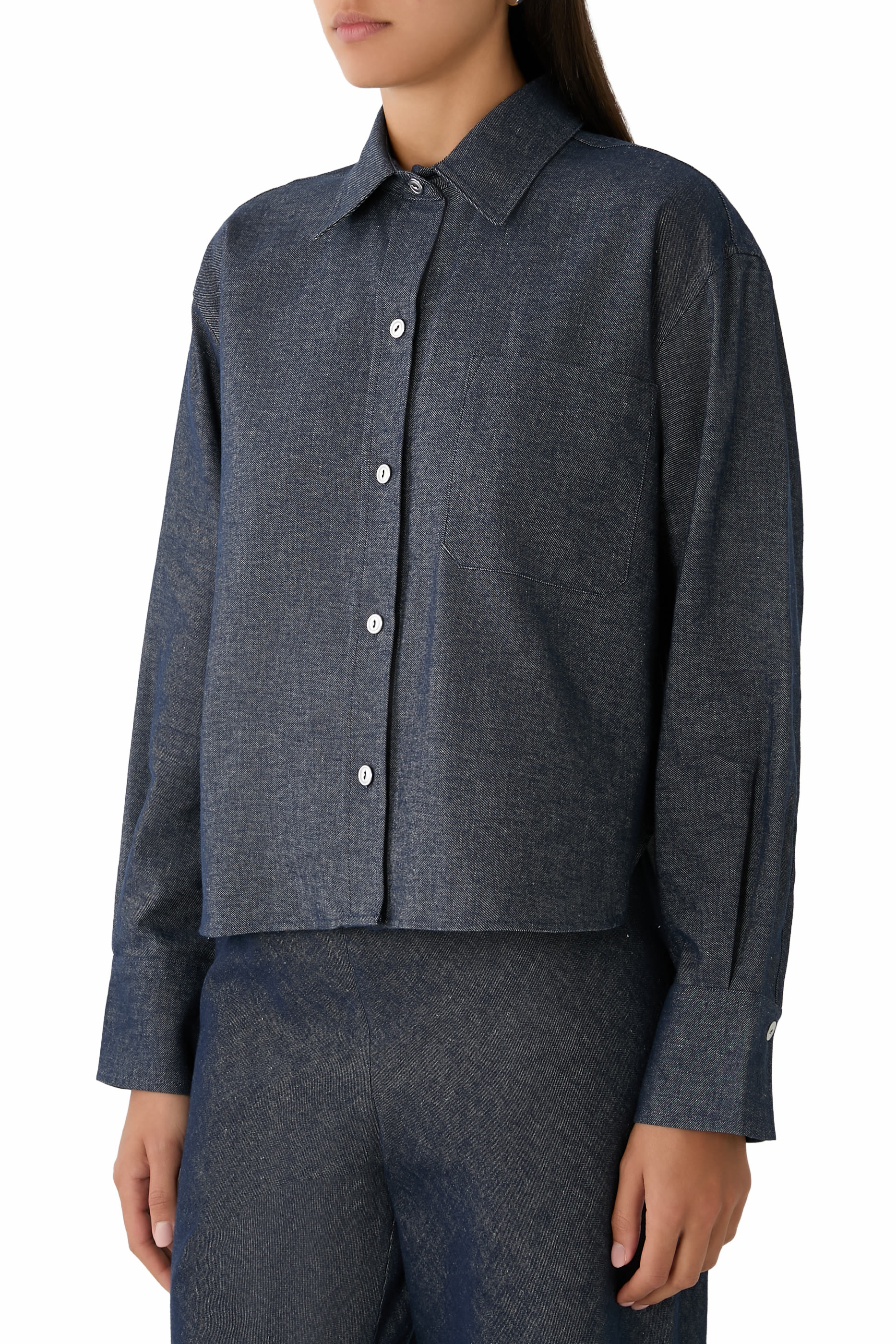  Cotton-Linen Chambray Cropped Button-Front Shirt