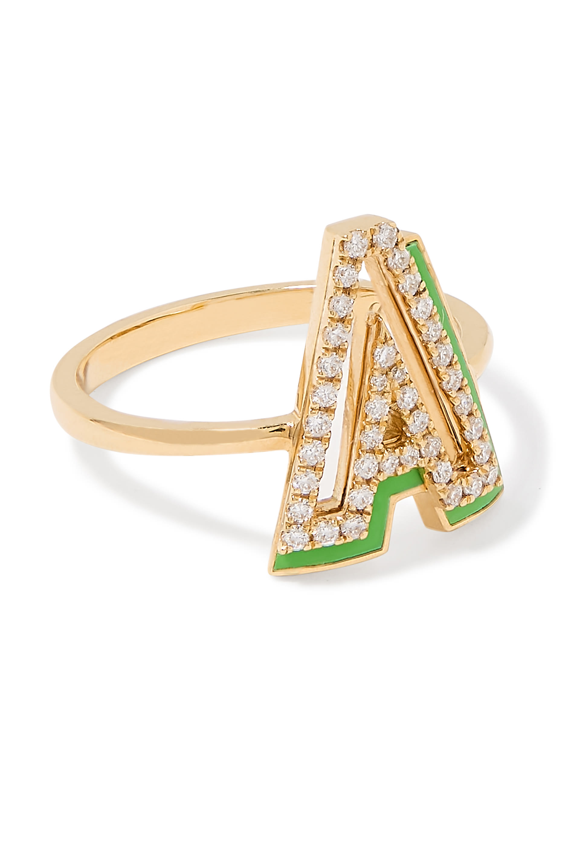 Letter 'A' Shadow Diamond Ring, 18K Yellow Gold, Pave Diamonds  Enamel