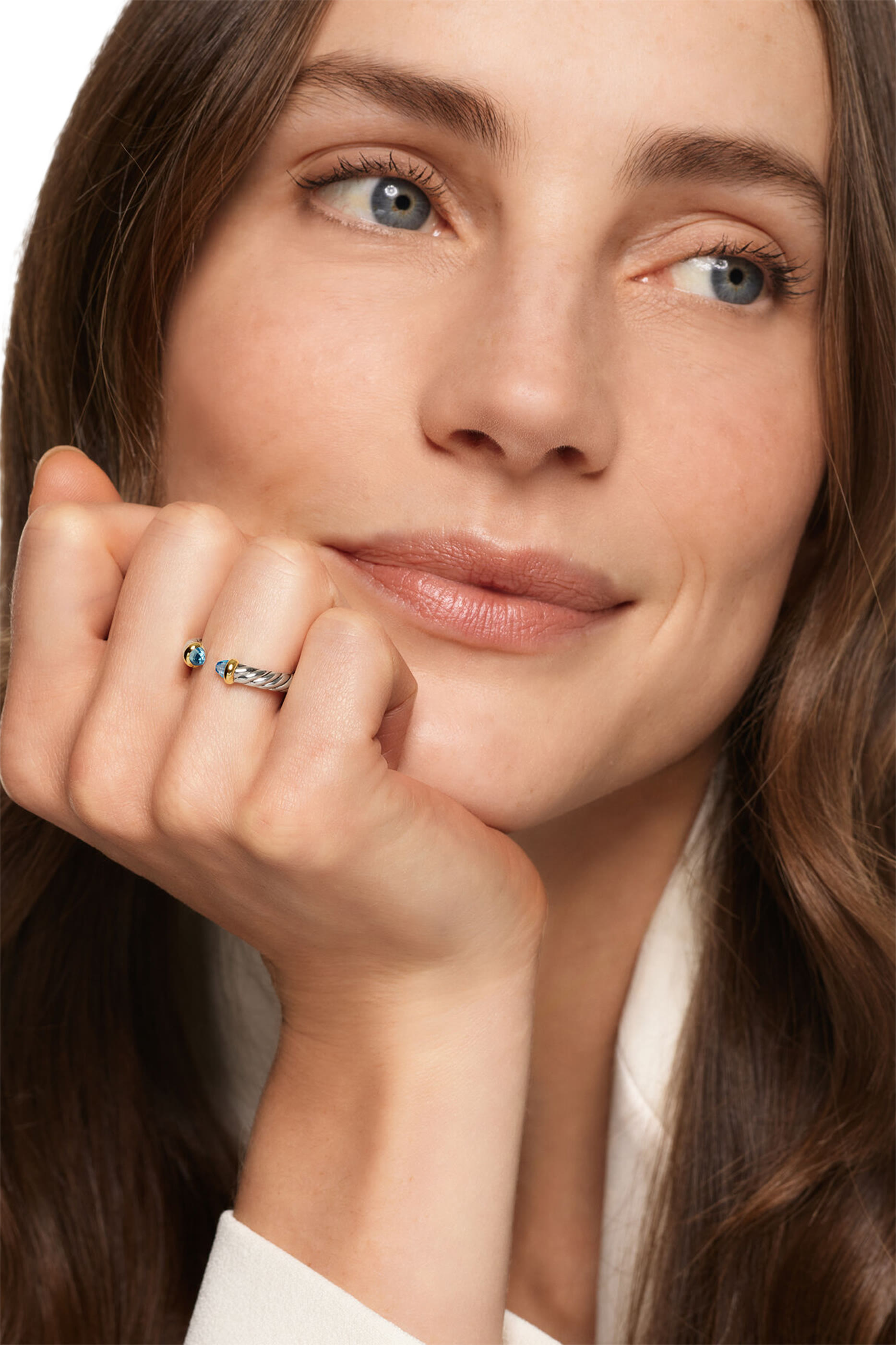 Petite Cable Open Ring, Sterling Silver with 14K Yellow Gold  Blue Topaz