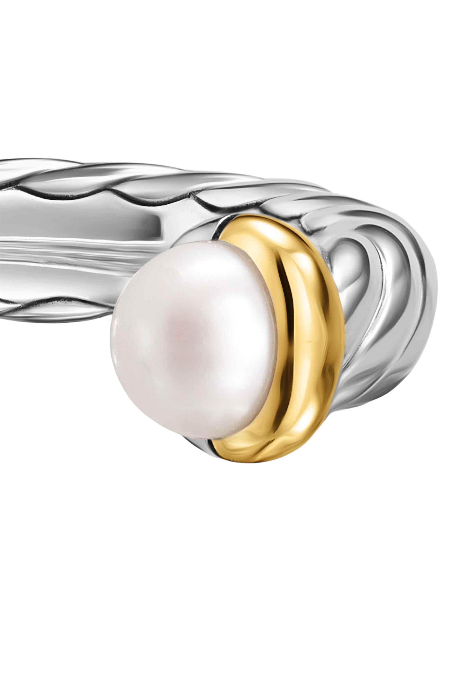 Petite Cable Open Ring, Sterling Silver with 14K Yellow Gold  Pearls