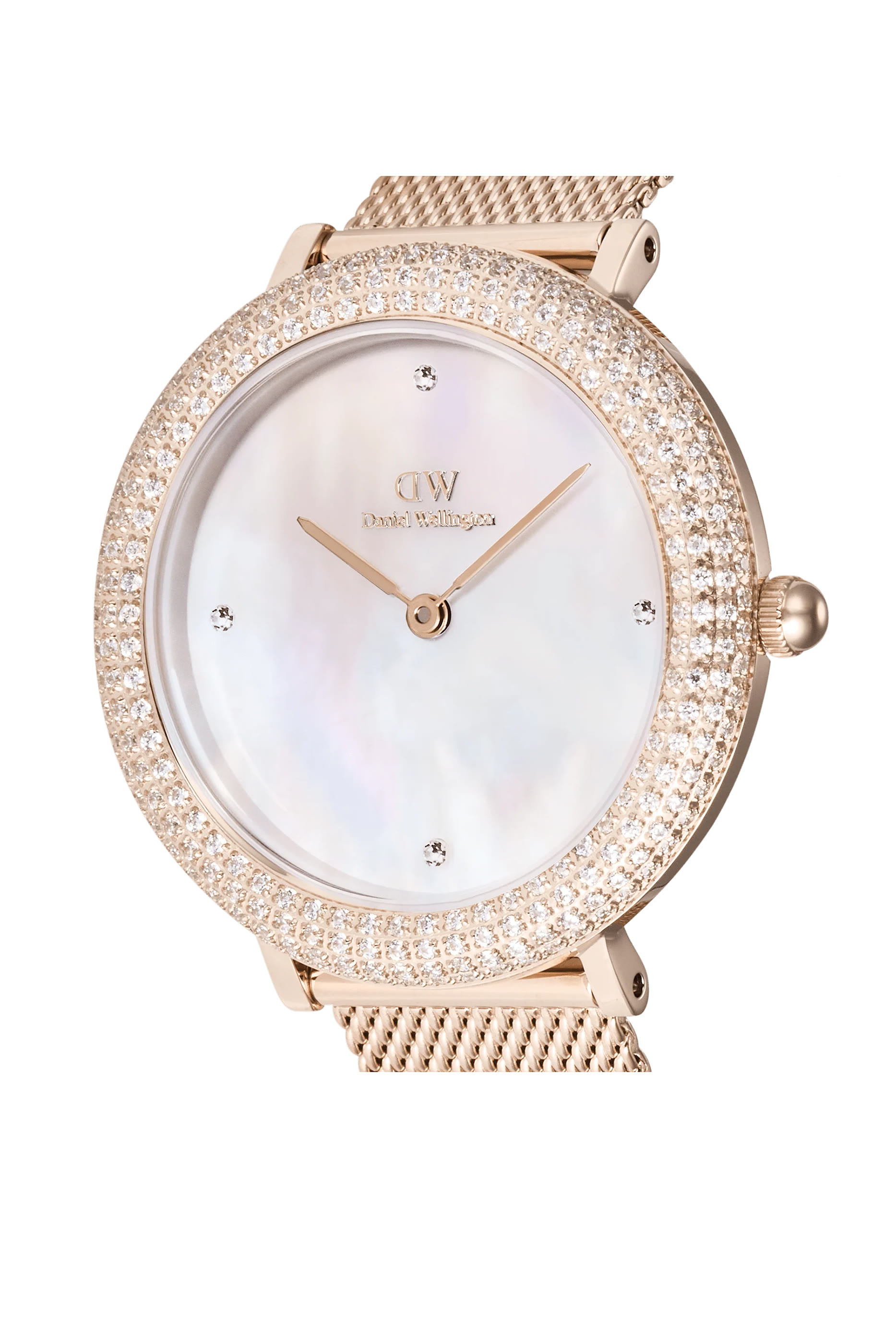 Crystalline Bezel Melrose Rose Gold Mesh Strap, Mother of Pearl Dial Stainless Steel Quartz 32mm Watch