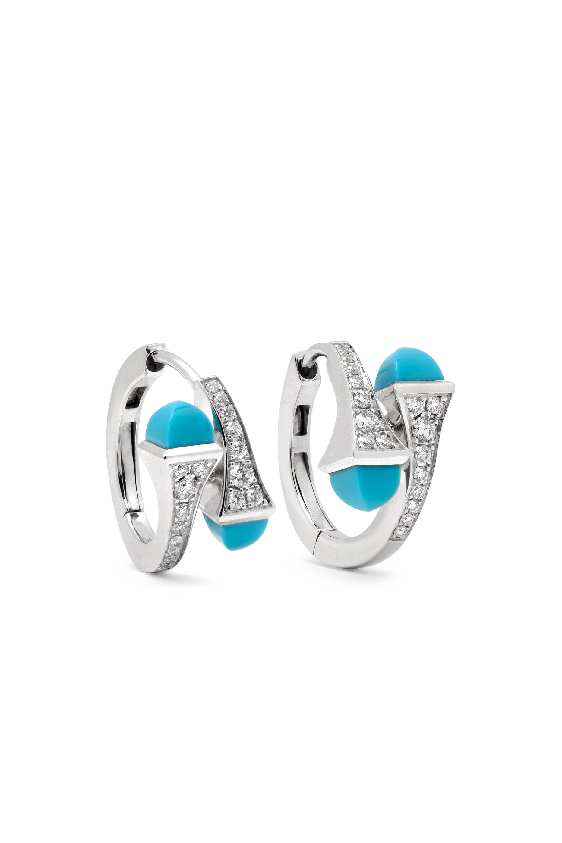 Cleo  Huggie Earrings, 18k White Gold Turquoise  Diamonds