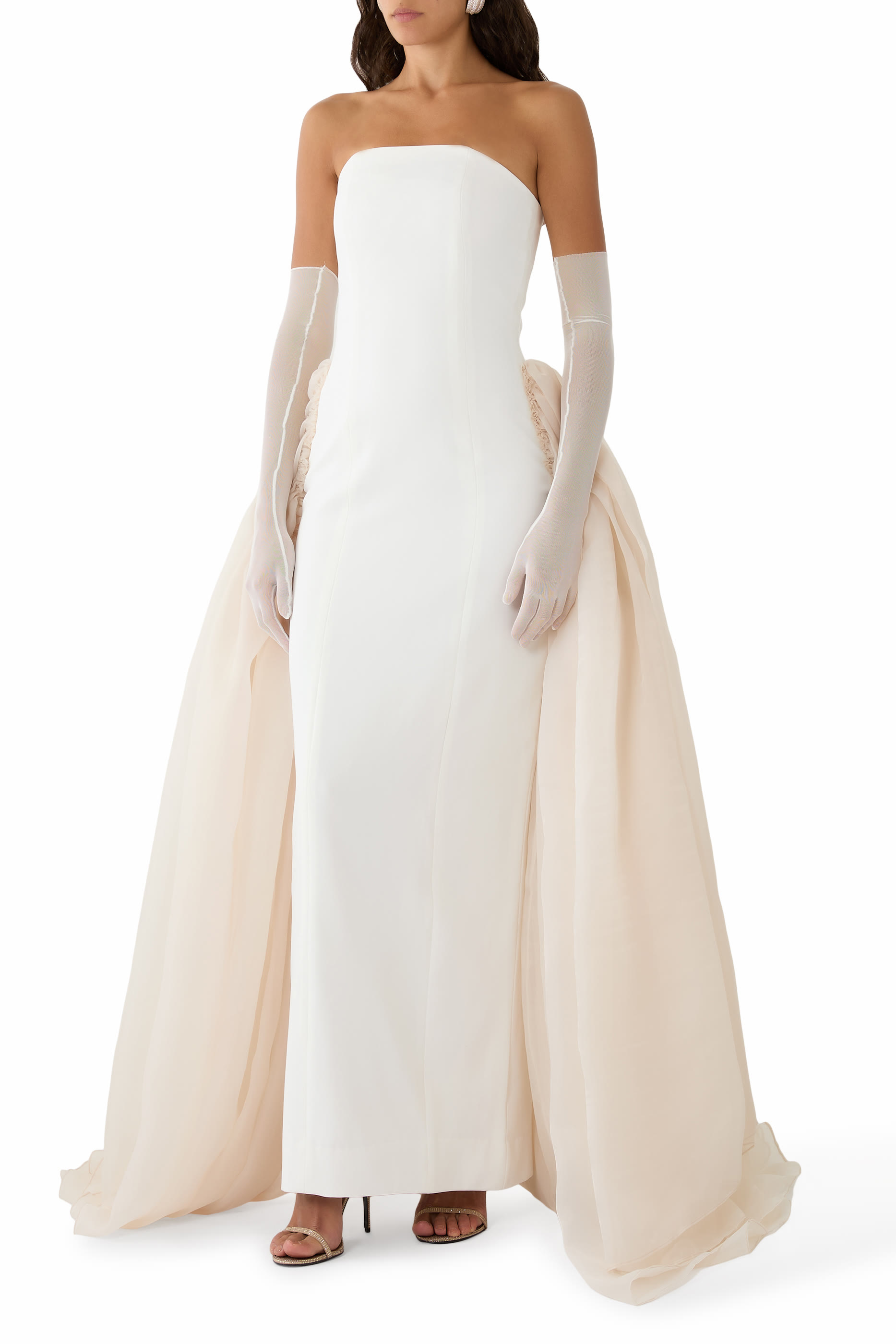 Organza Side Trains Strapless Gown