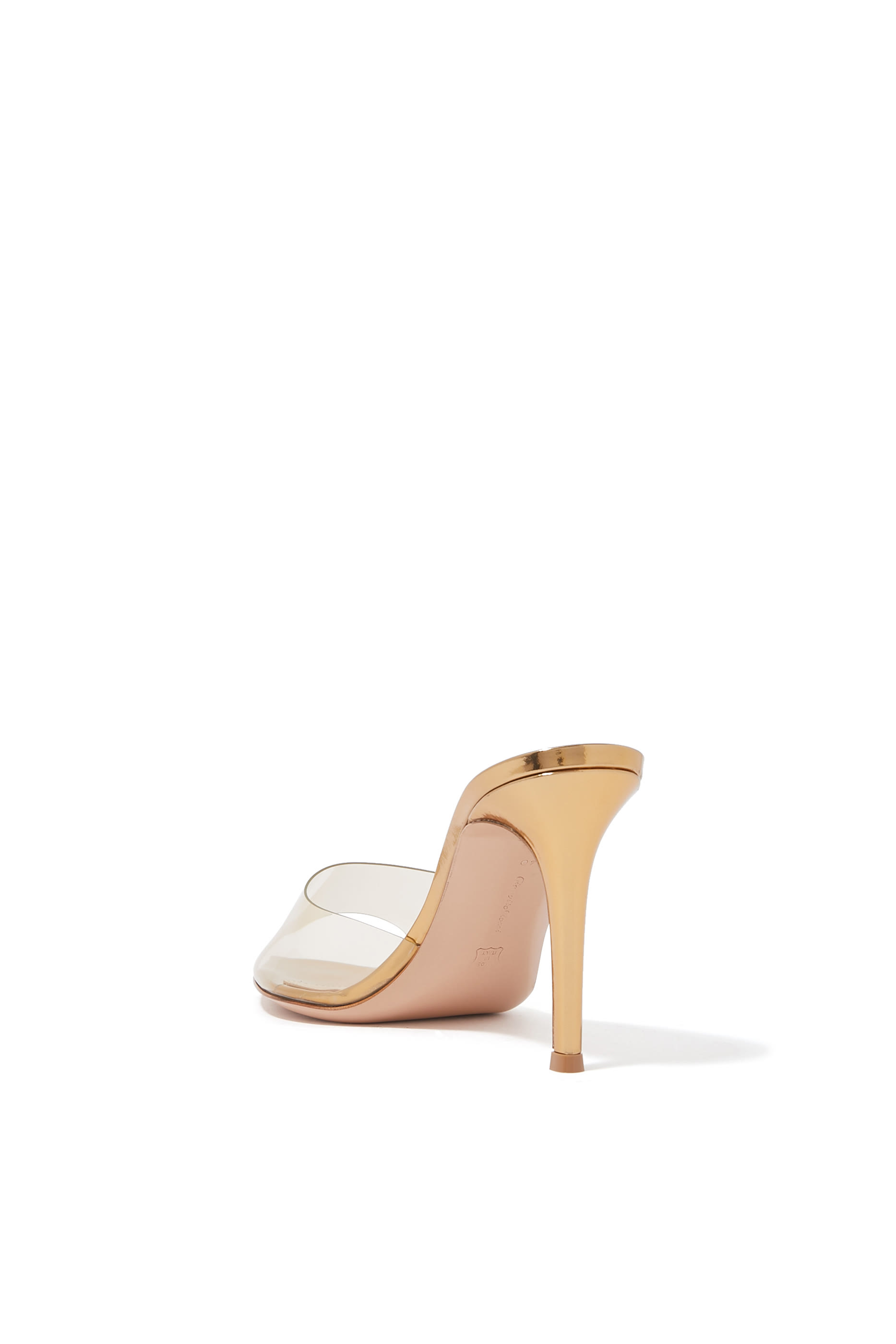 Elle 85 Mules in Plexi  Metallic Leather