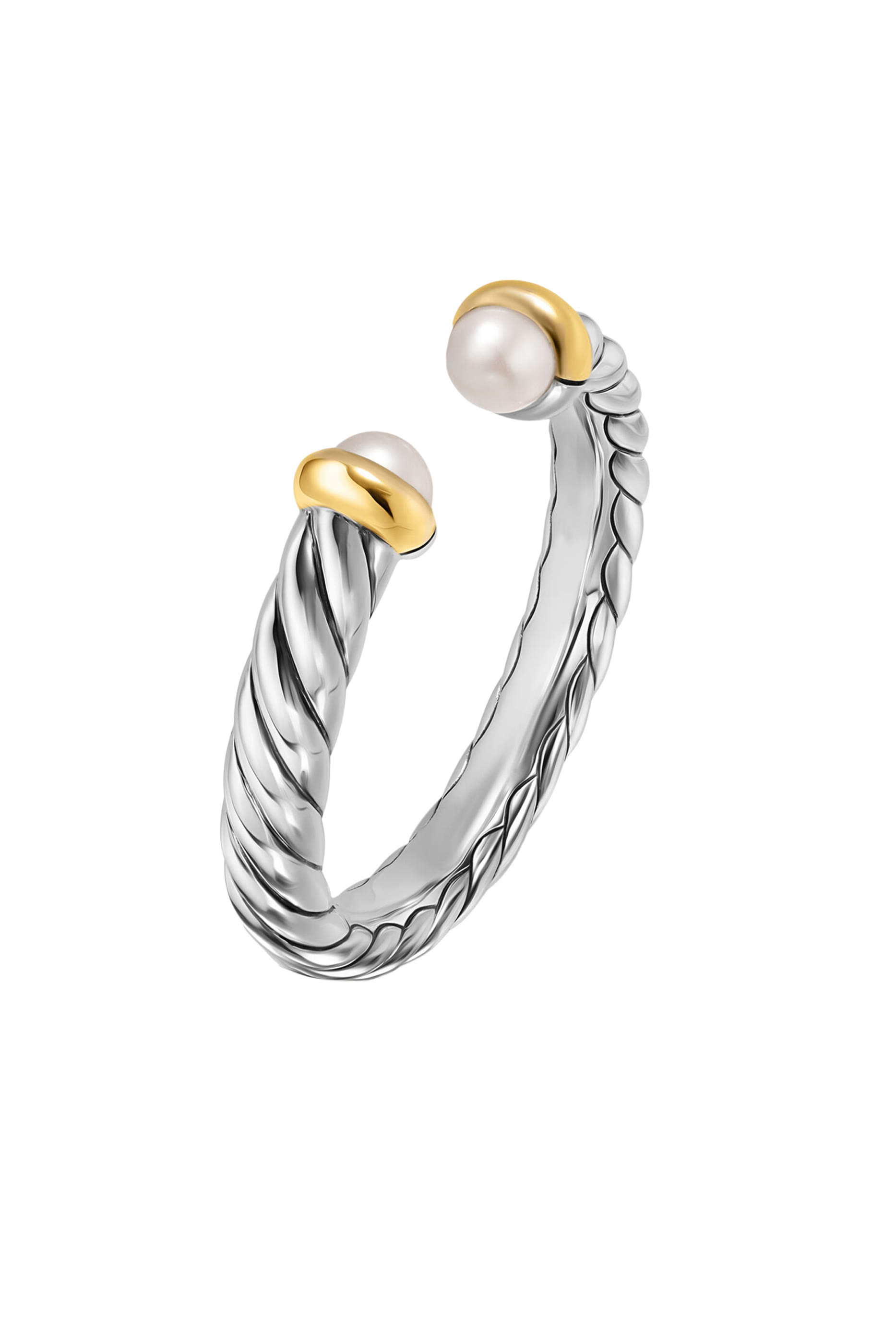 Petite Cable Open Ring, Sterling Silver with 14K Yellow Gold  Pearls