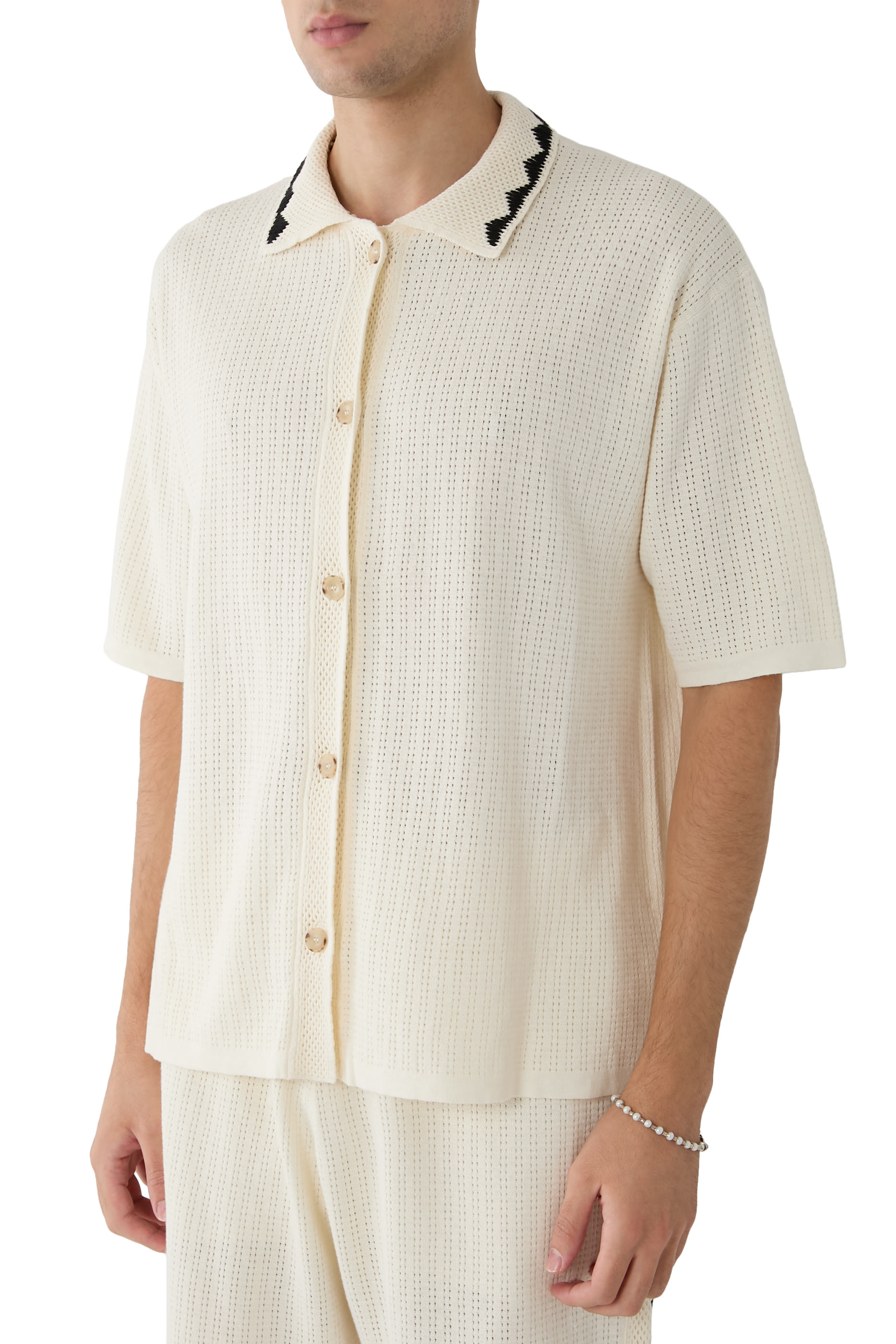 Embroidered Crochet Collar Polo Shirt