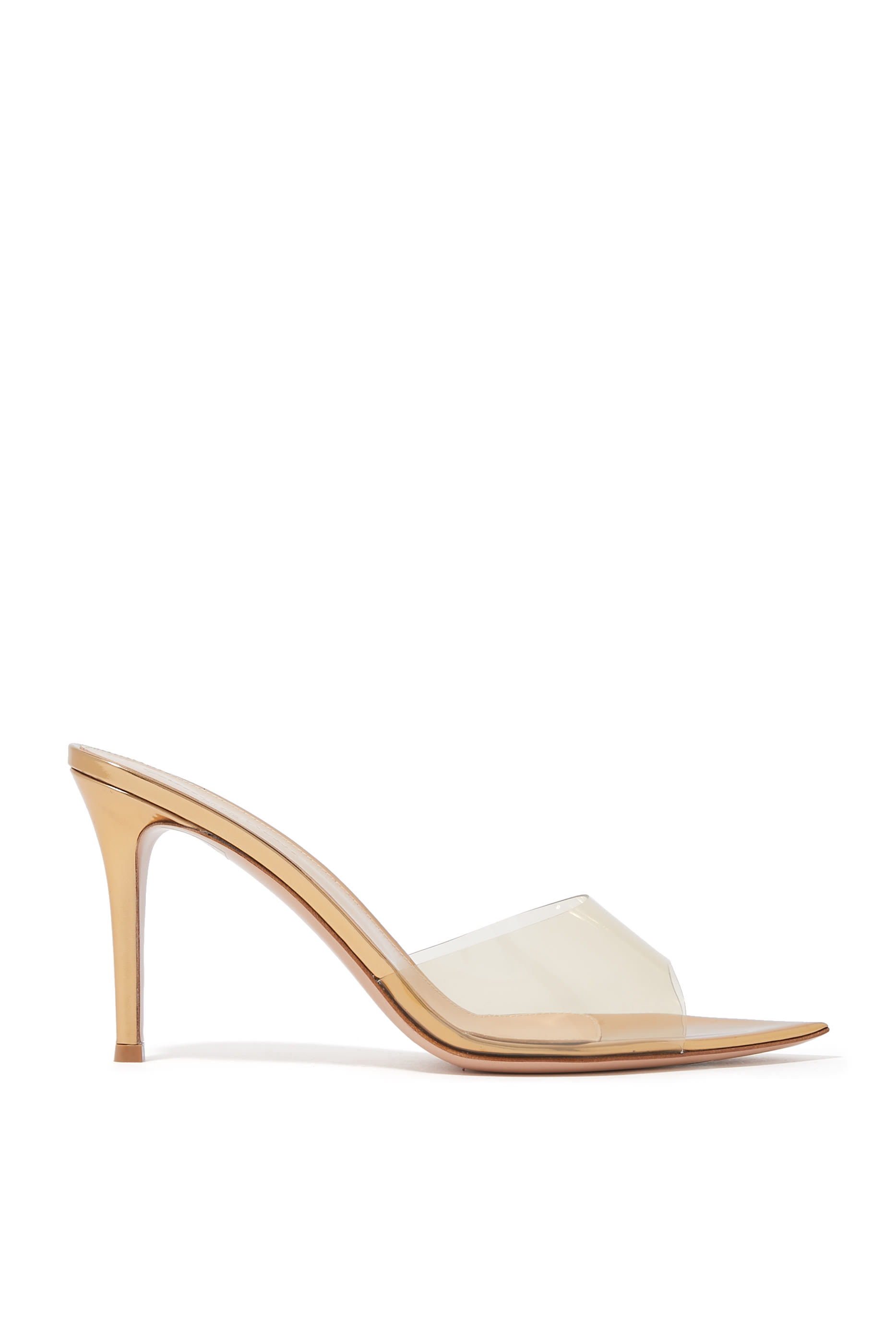 Elle 85 Mules in Plexi  Metallic Leather