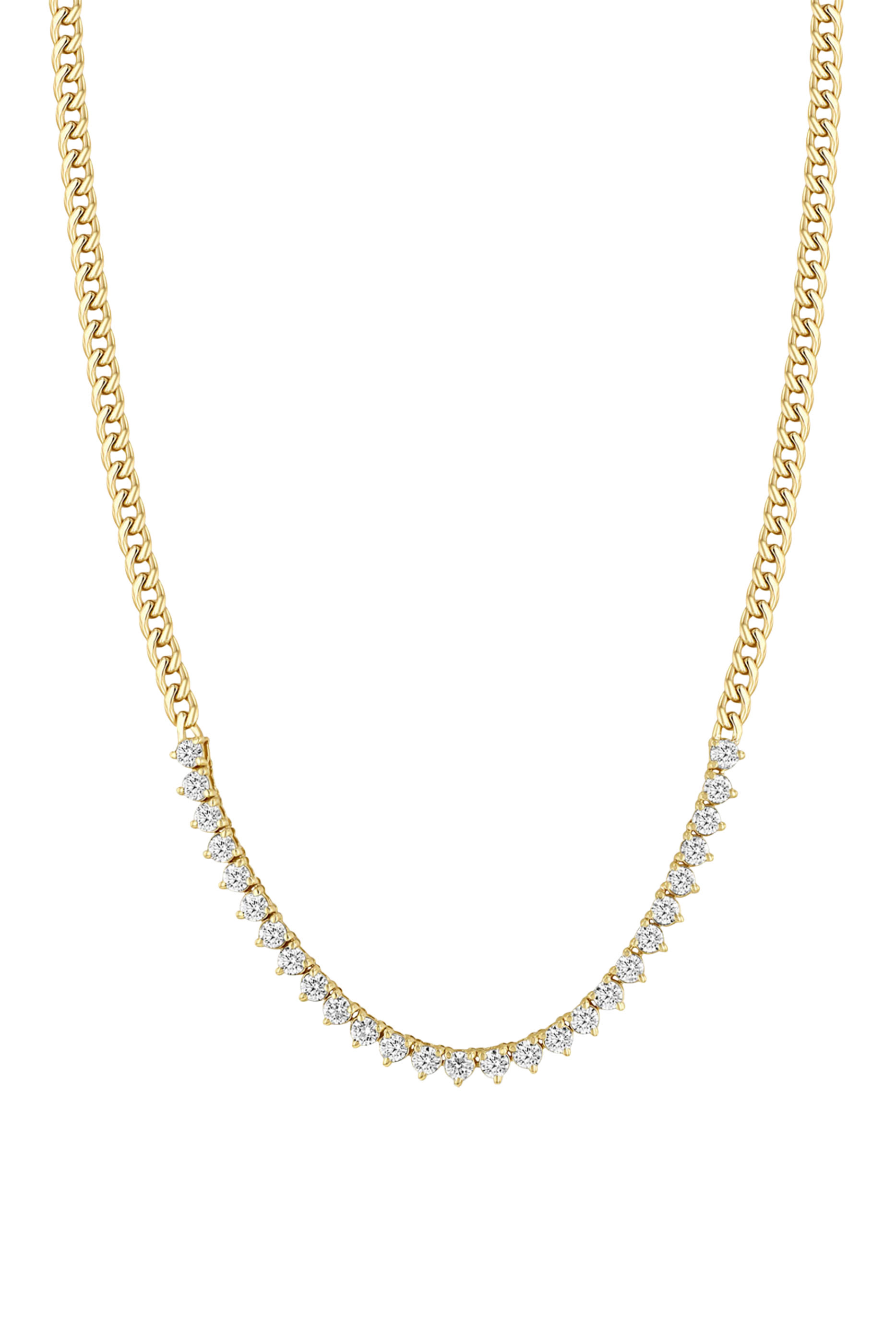  Tennis Segment Small Curb Chain Necklace, 14K Yellow Gold  Diamonds