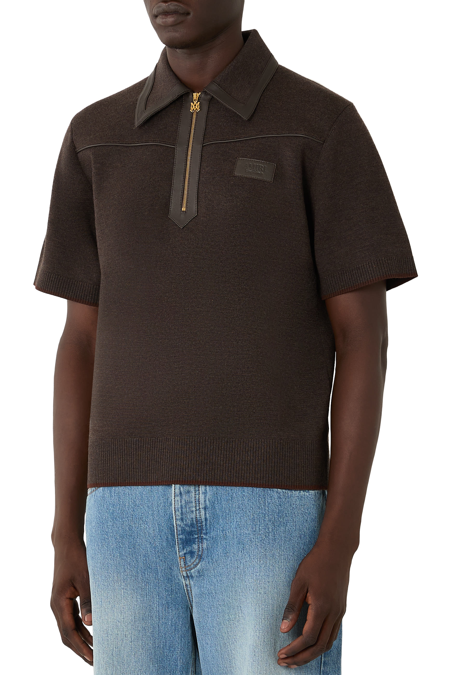 Leather Trim Knit Zipped Polo