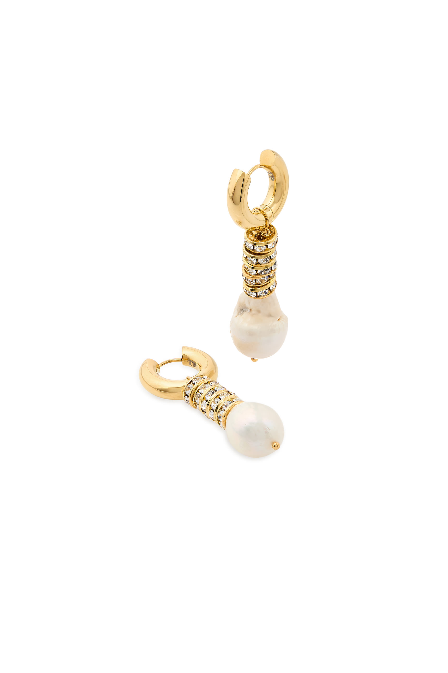 Pearl and Strass Hoop Earrings, 24K Yellow Gold, Pearl  Strass