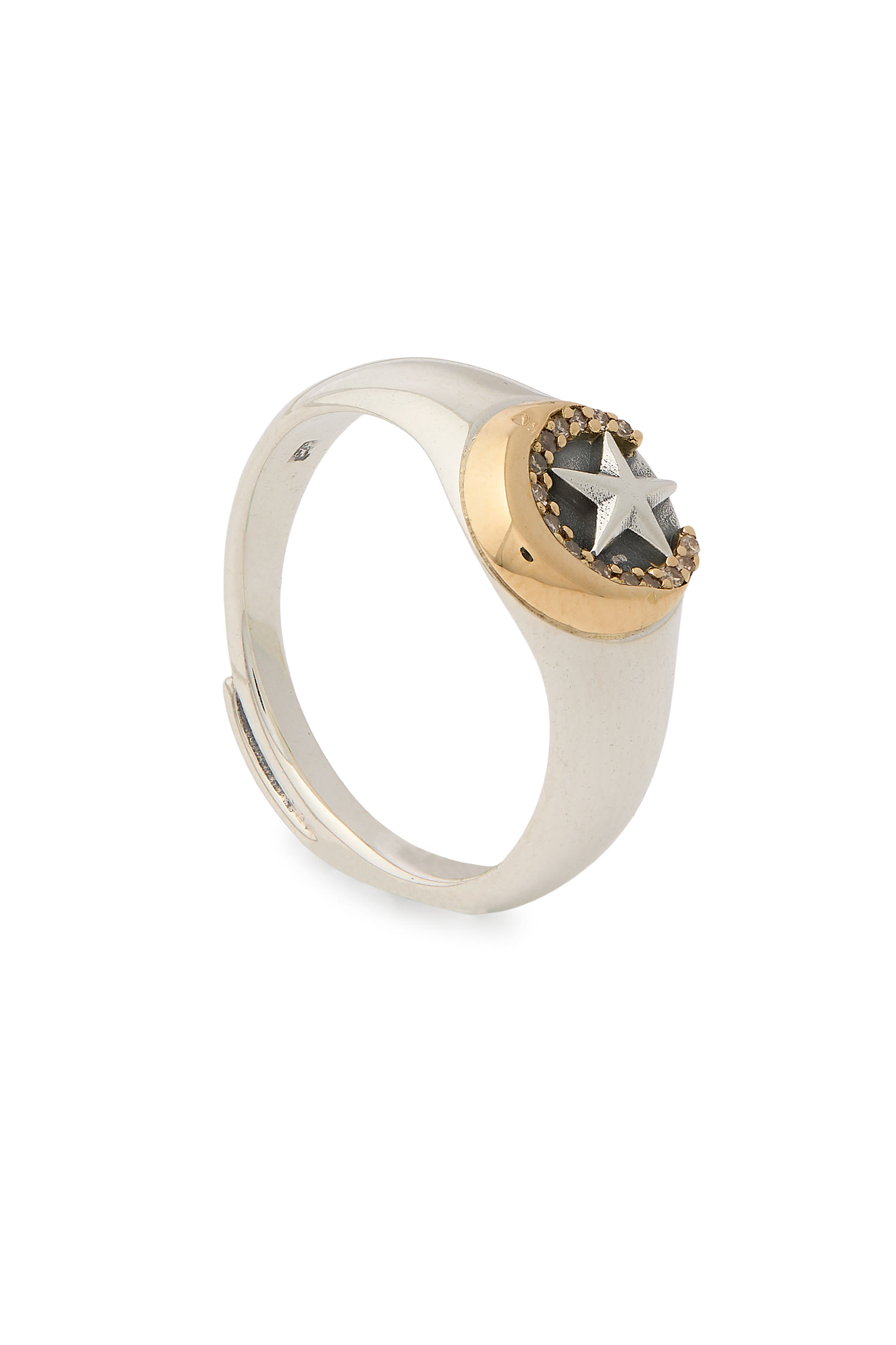 Star  Crescent Chevalier Ring, 18K Gold and Sterling Silver  Champagne Diamonds