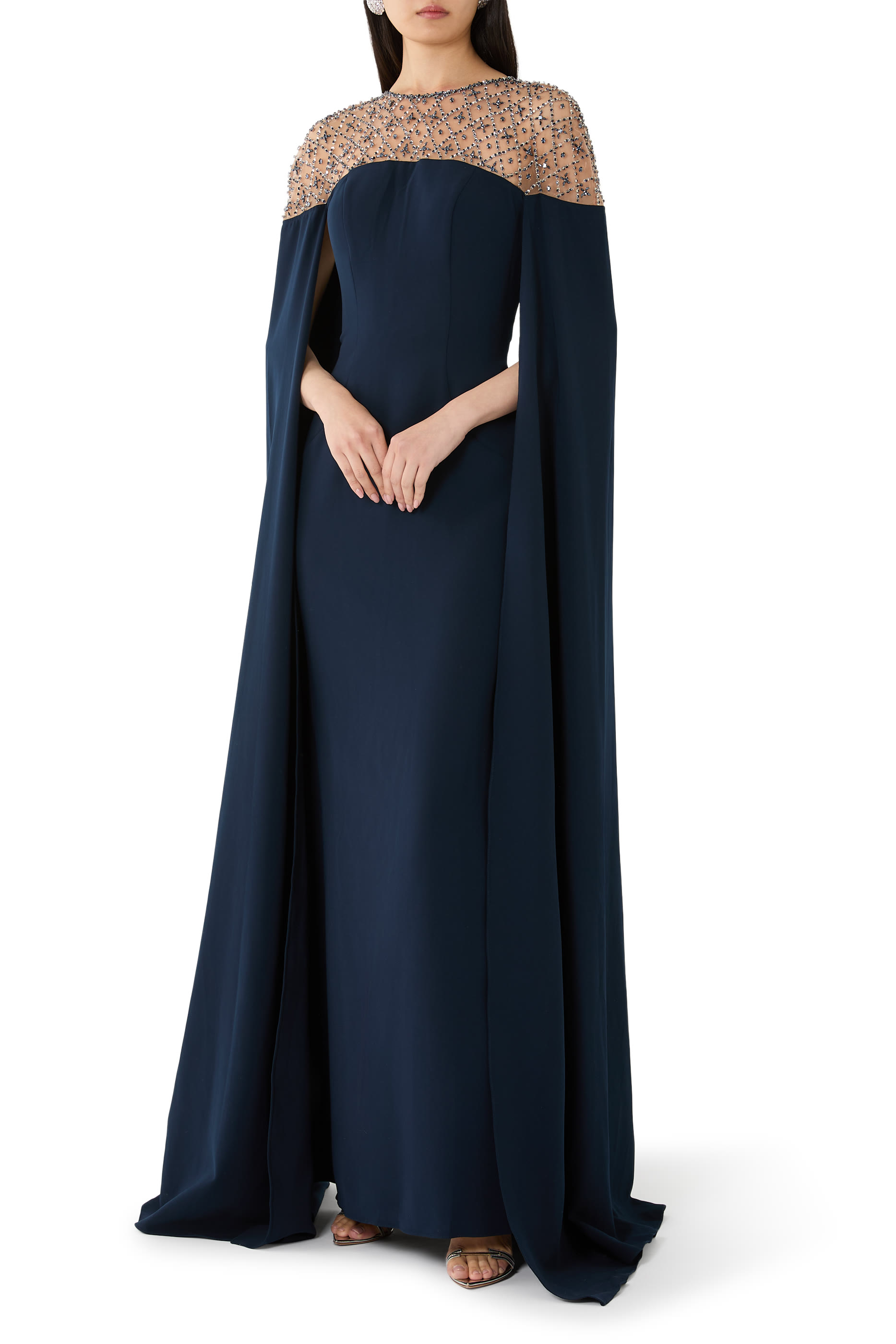 Beaded Cape Sleeve Evening Gown