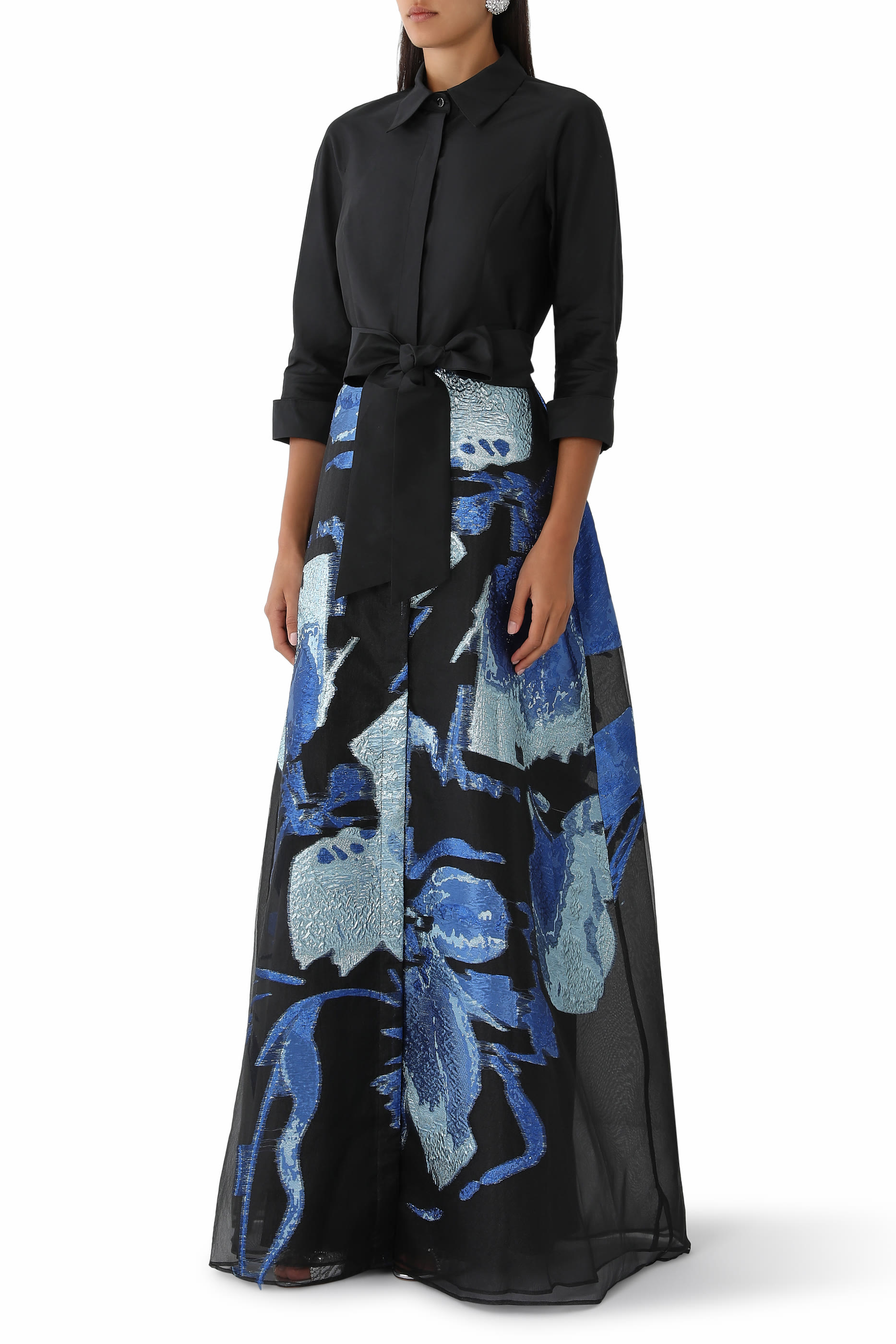 Taffeta Shirtwaist Metallic Organza Skirt Gown
