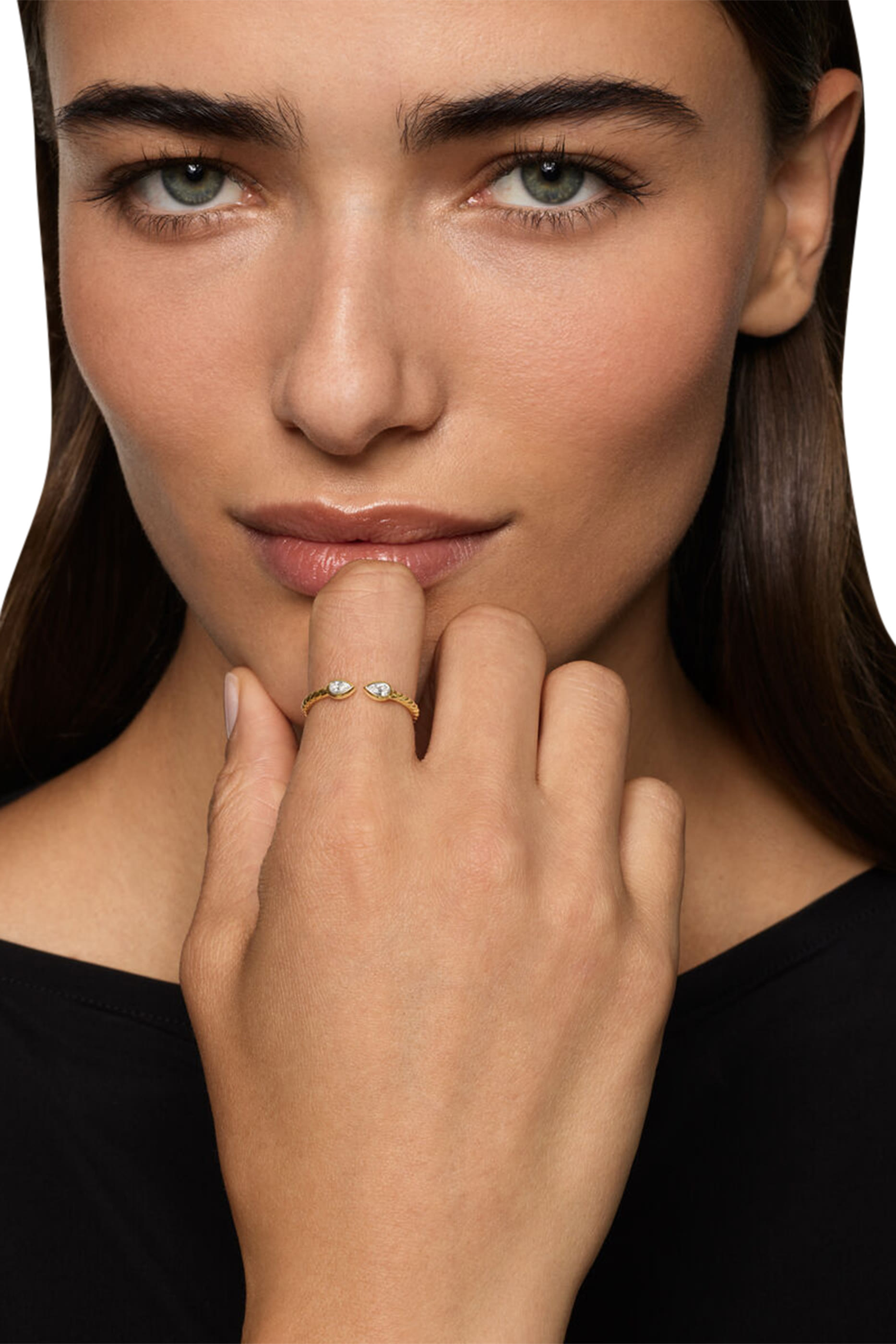 Petite Modern Renaissance&reg; Open Pear Ring, 18K Yellow Gold  Diamonds