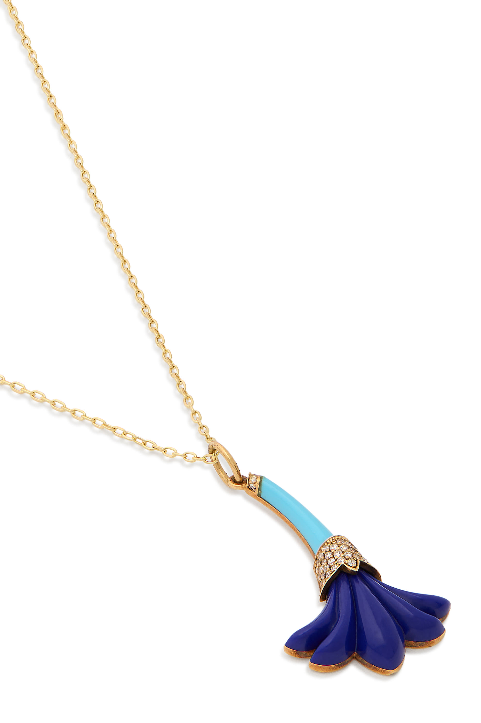 Psychedelia  Small Flower Necklace, 18K Yellow Gold with Diamonds, Lapis Lazuili  Turquoise