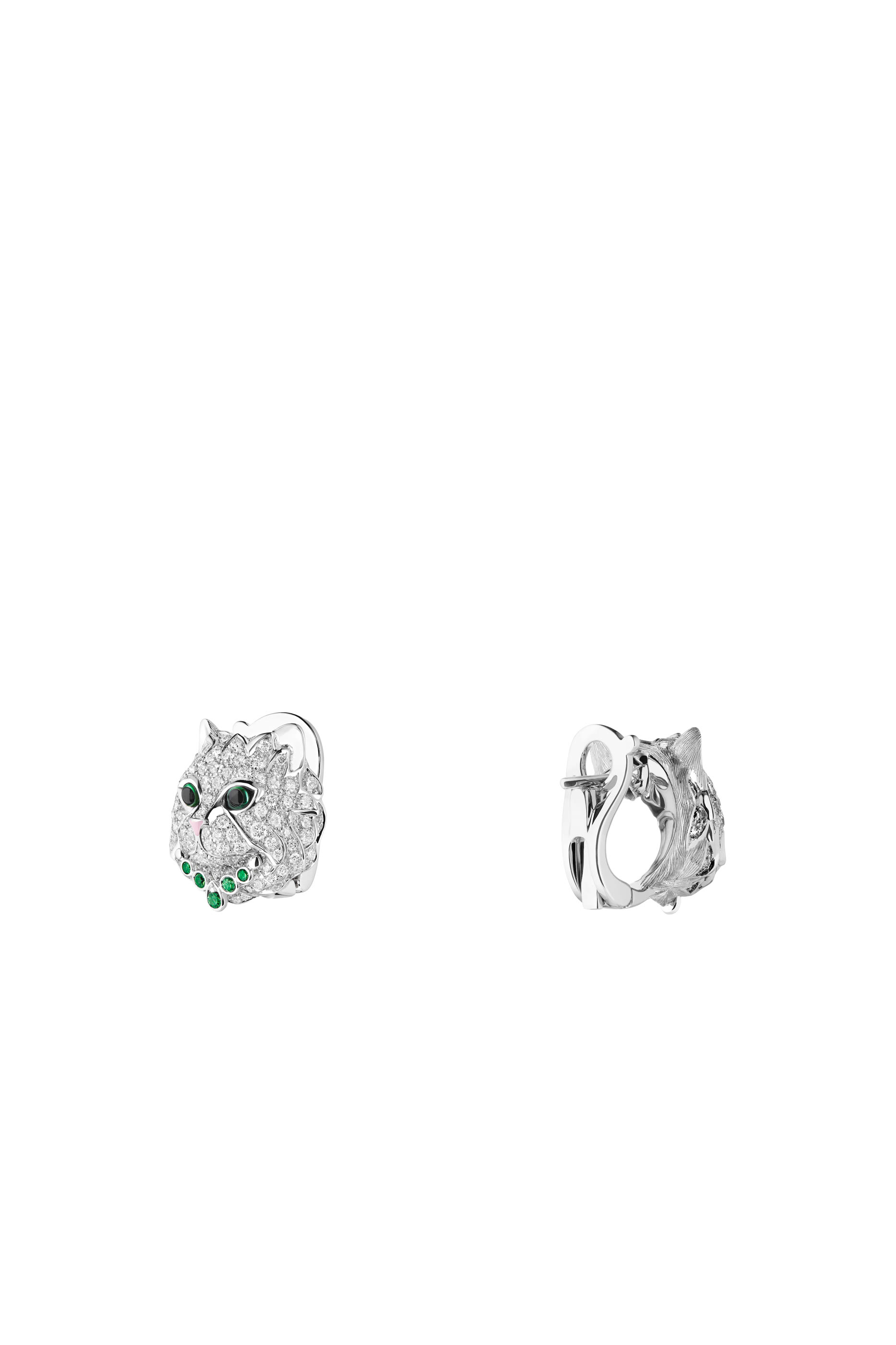 Wladimir the Cat Stud Earrings, 18K White Gold, Diamonds, Green Agates, Tsavorites  Black Sapphires