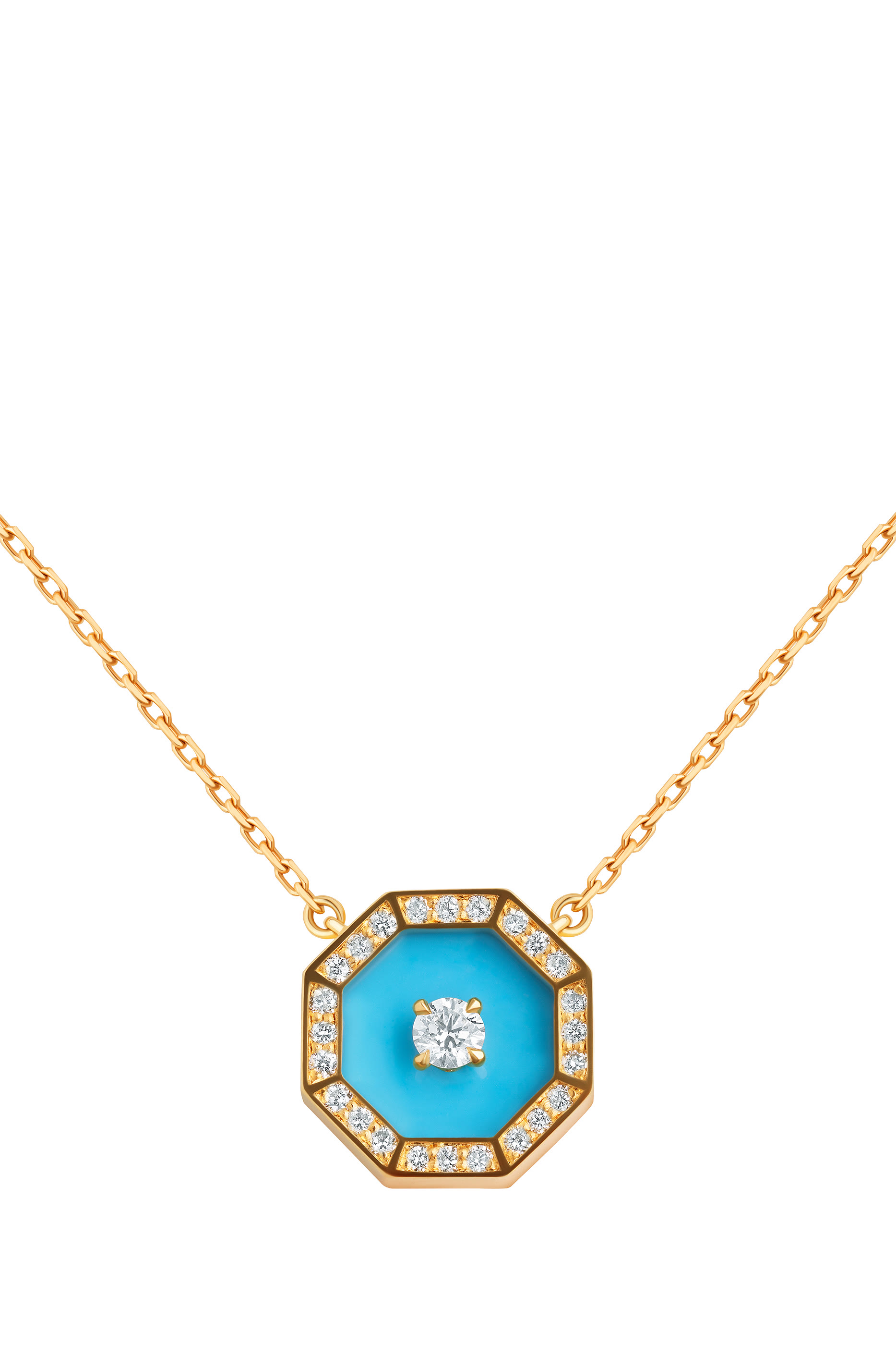 Ahjar Birwaz Necklace, 18K Rose Gold with Diamonds  Turquoise