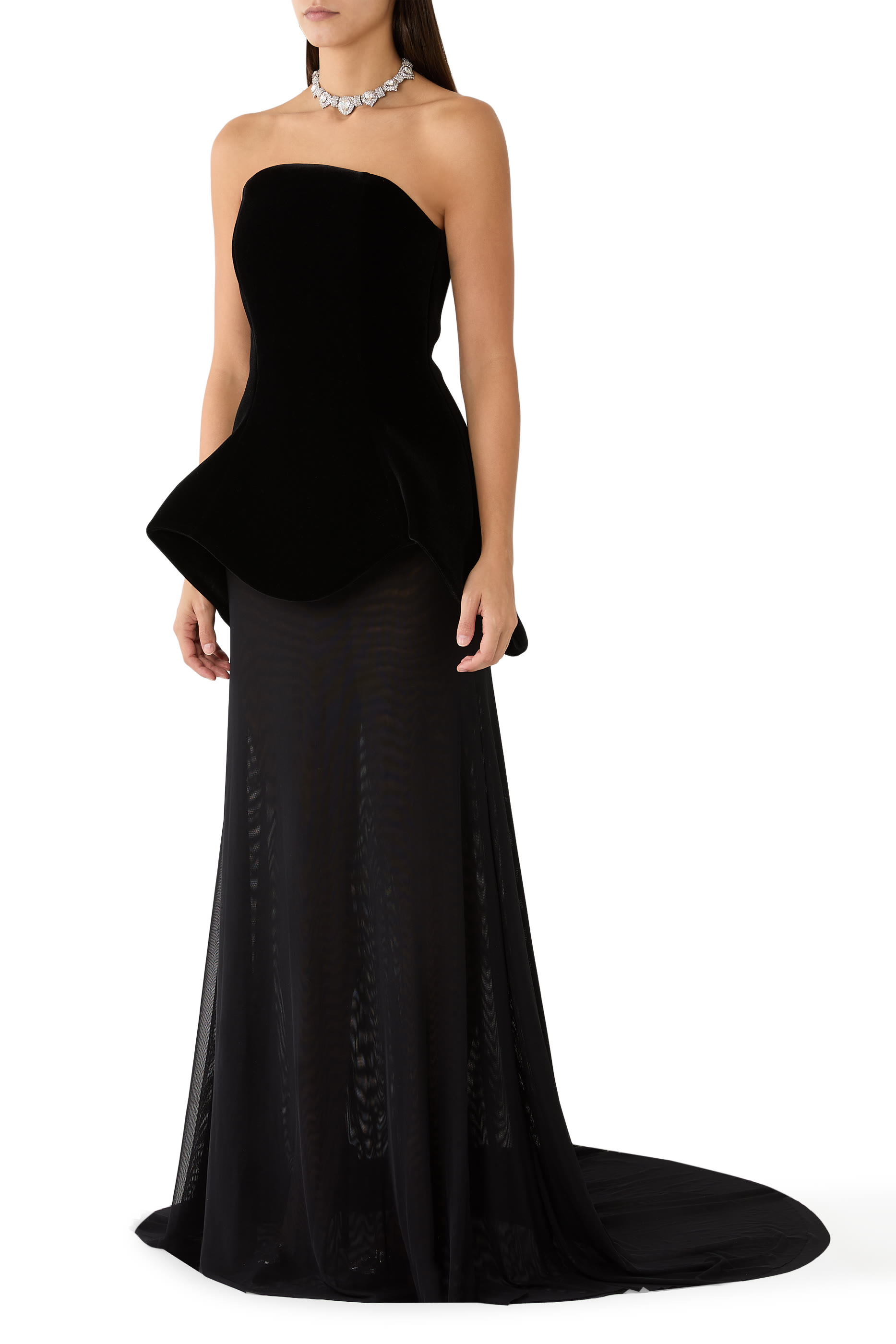 Strapless Curved Hem Gown