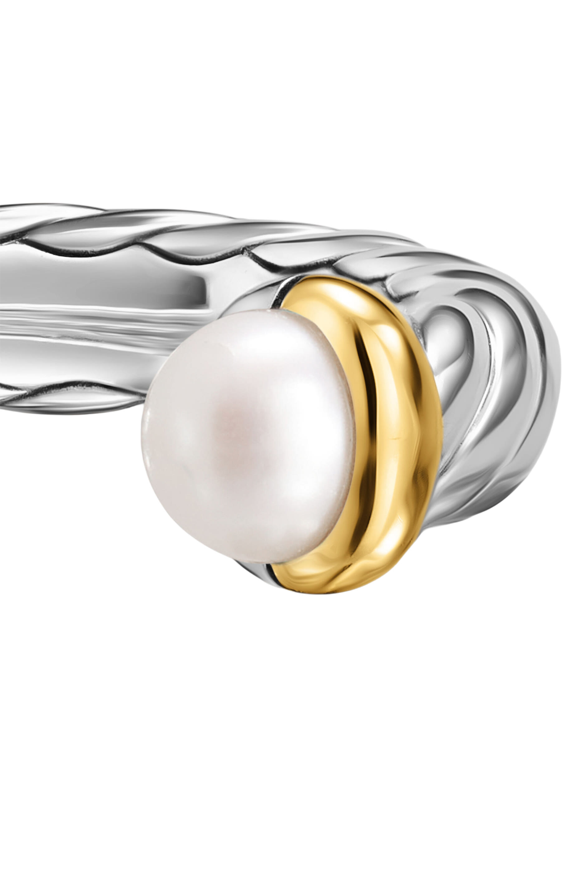 Petite Cable Open Ring, Sterling Silver with 14K Yellow Gold  Pearls