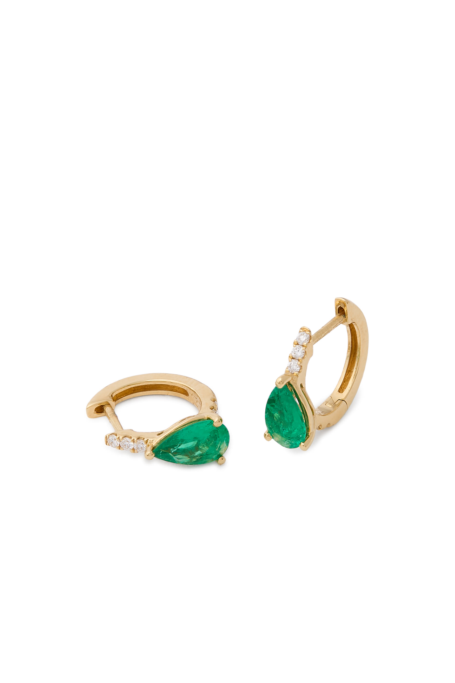 Large Pear Huggies, 18k Yellow Gold  Diamonds, Emerald