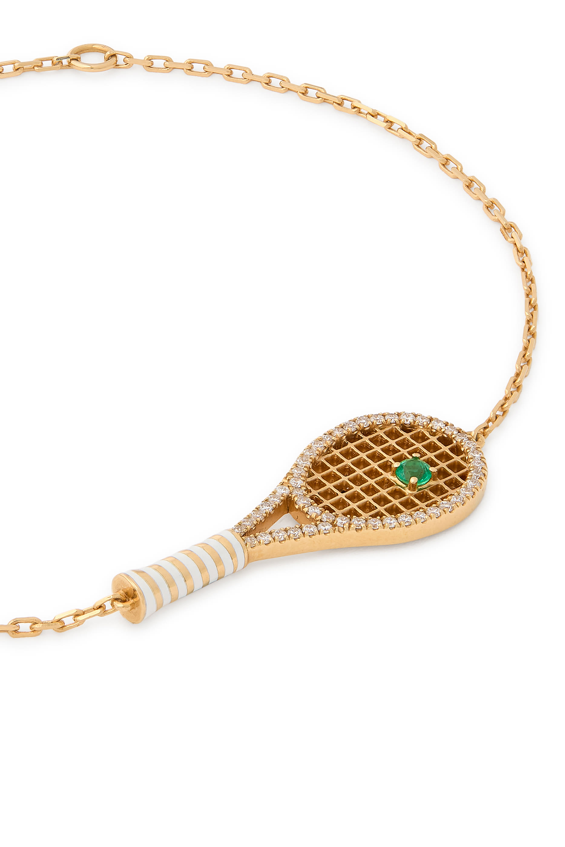 Tennis Racket Bracelet, 18k Yellow Gold with Diamonds  Emerald