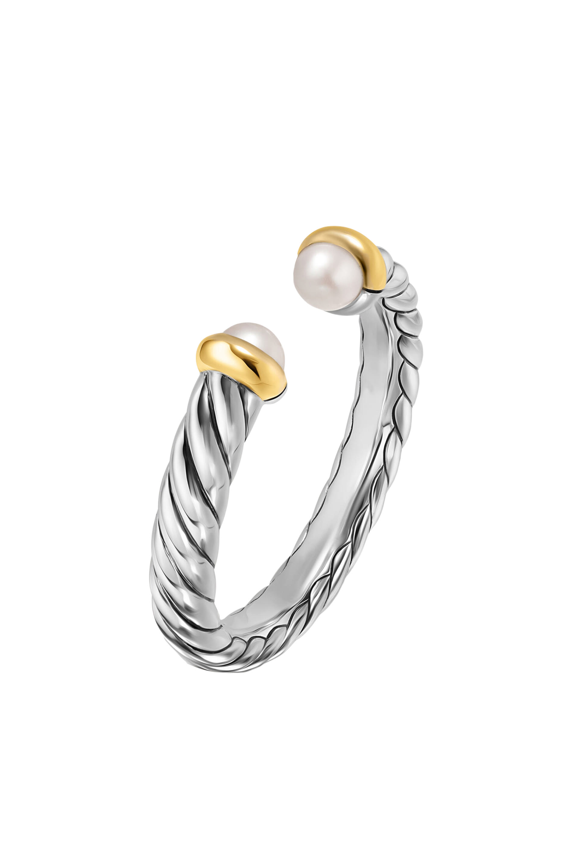 Petite Cable Open Ring, Sterling Silver with 14K Yellow Gold  Pearls