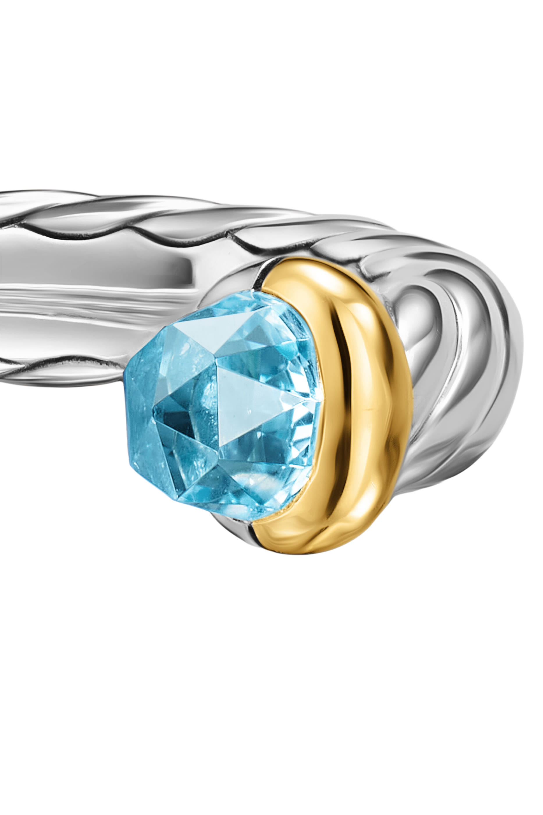 Petite Cable Open Ring, Sterling Silver with 14K Yellow Gold  Blue Topaz