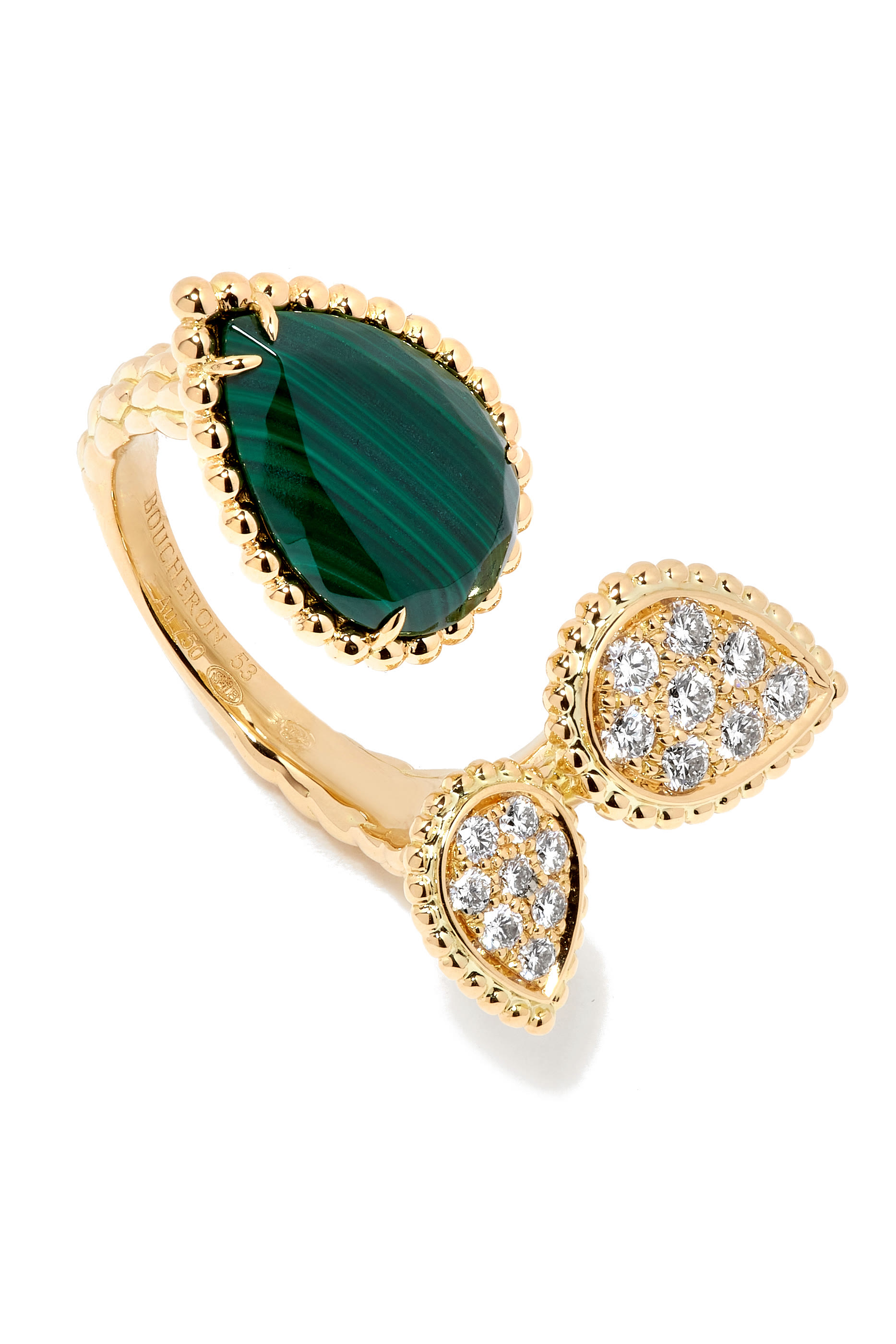 Serpent Boh&egrave;me Triple Motif Ring, Set With A Malachite, Paved With Diamonds, 18k Yellow Gold