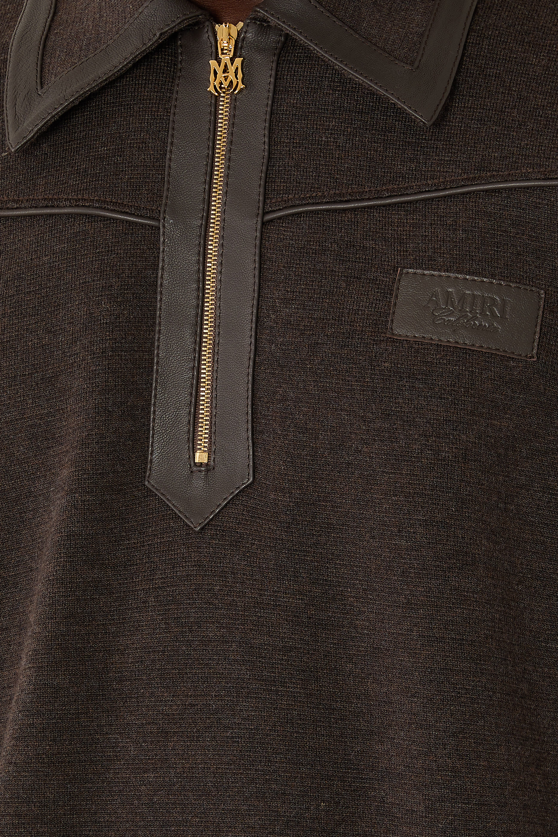 Leather Trim Knit Zipped Polo