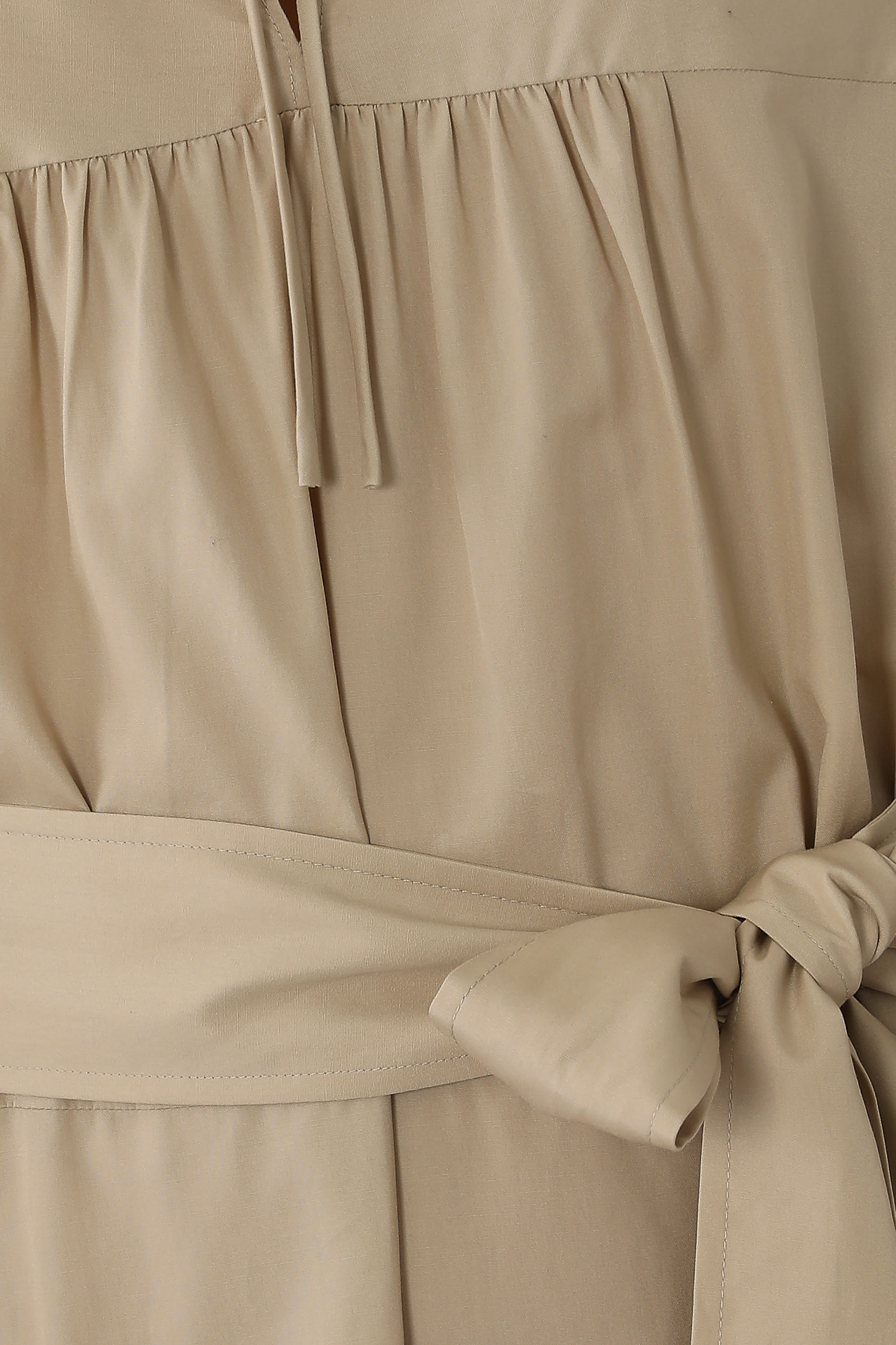 Shirred Cotton Belted Tie-Neck Dress