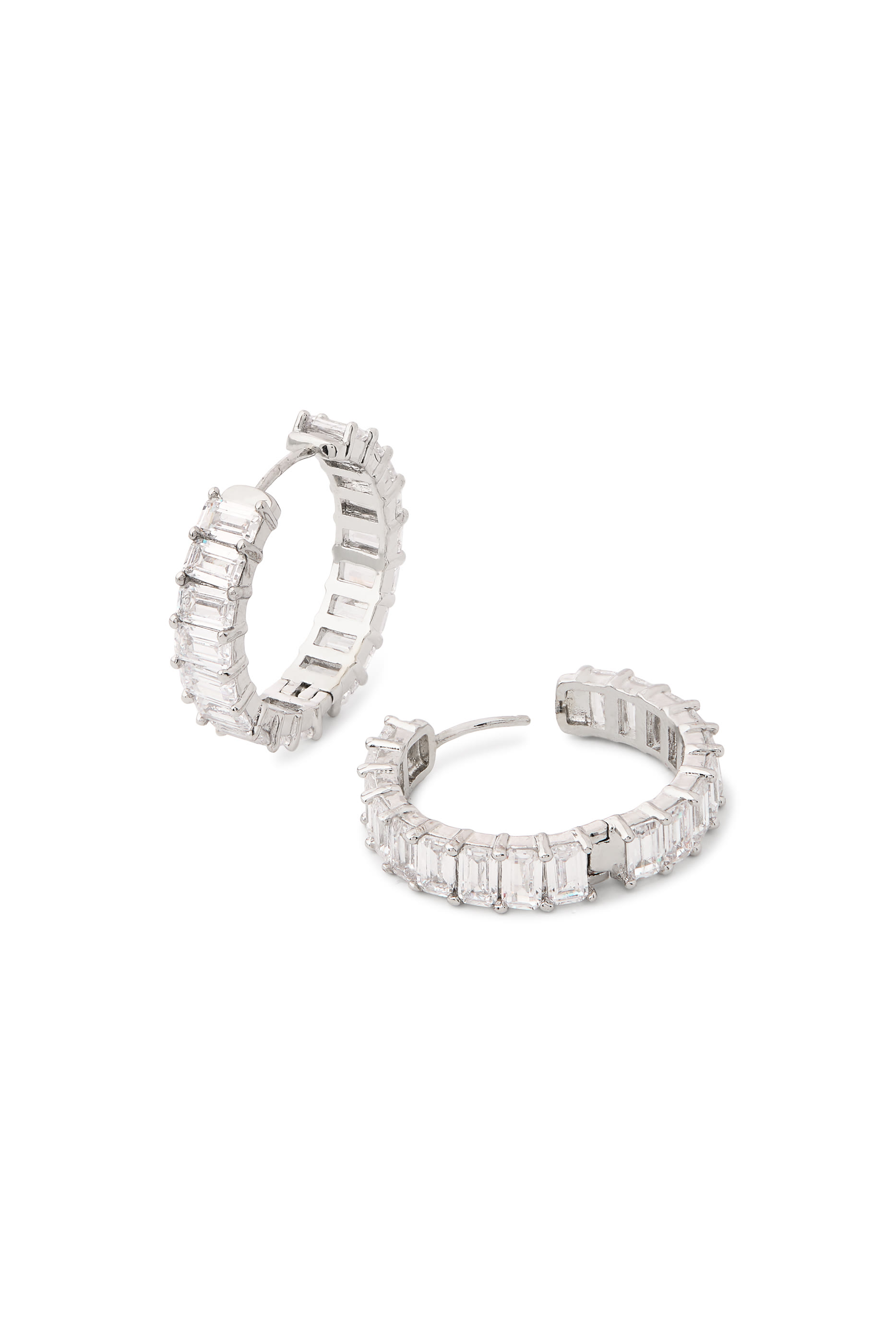 Eternity Hoop Earrings, Rhodium-Plated Brass  Emerald Cubic Zirconia