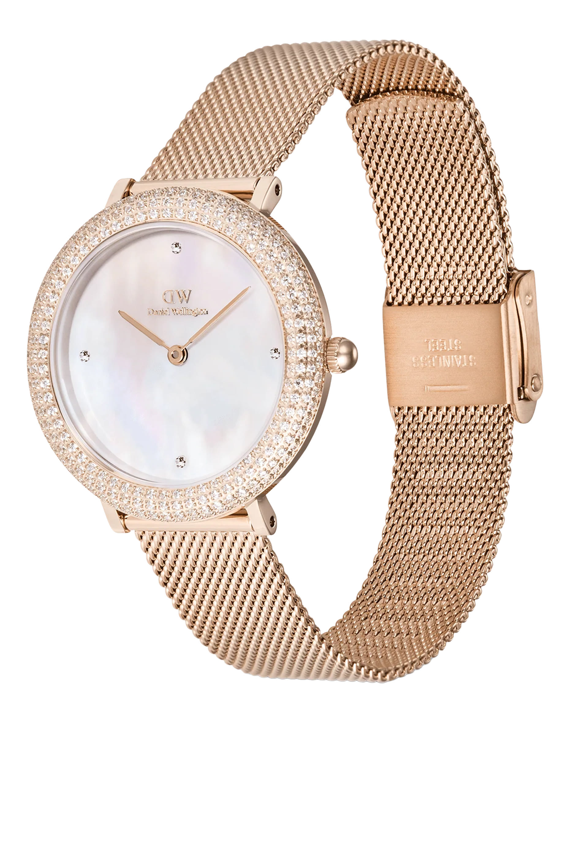 Crystalline Bezel Melrose Rose Gold Mesh Strap, Mother of Pearl Dial Stainless Steel Quartz 32mm Watch
