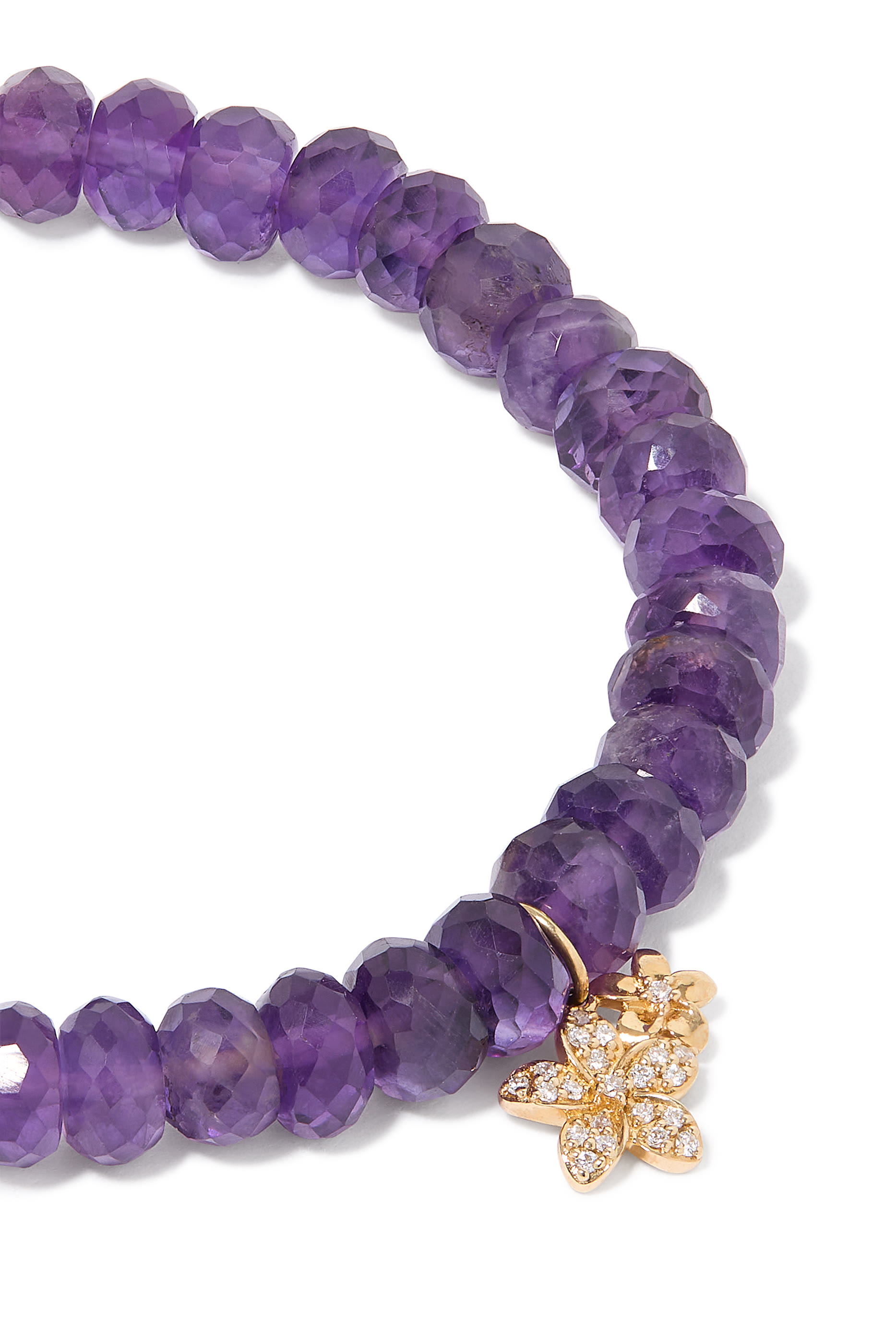 Small Plumeria Charm Beaded Bracelet, 14K Yellow Gold, Diamonds  Amethyst