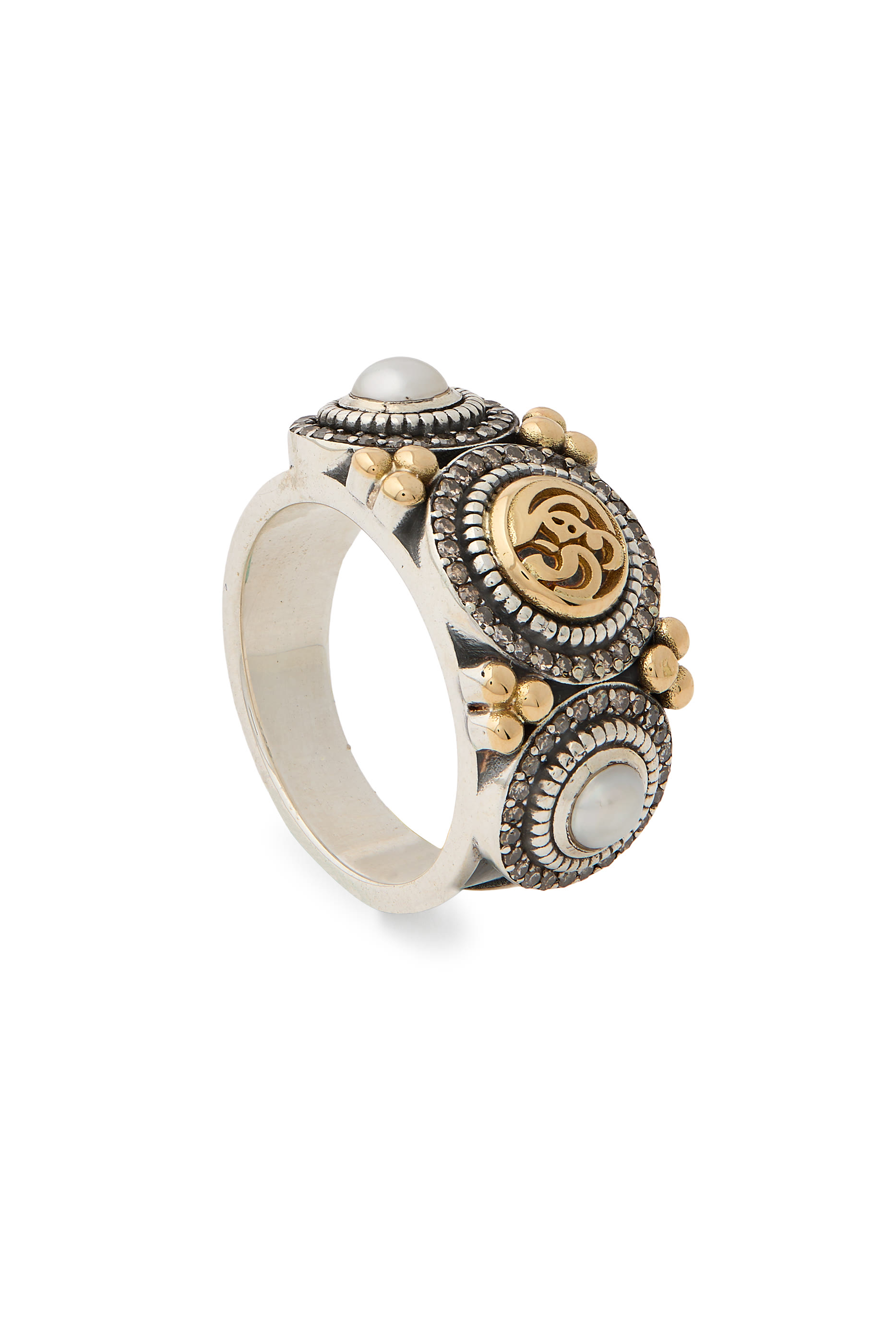 Love Tribal Ring, 18K Gold and Sterling Silver, Champagne Diamonds  Pearls